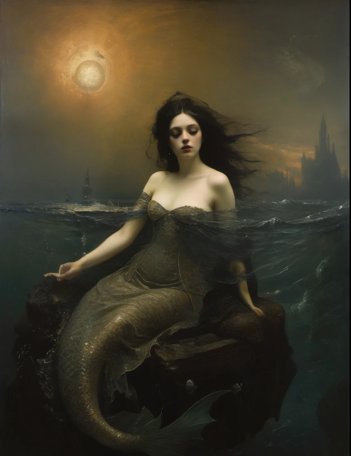 James Gurney, Surrealist art , dream-like, Mysterious, Provocative, symbolic, Complex, detailed,, (Gothic but very beautiful:1.4), (masterpiece, highest quality:1.4) , Nicola Samori Style, Goddess-like mermaid