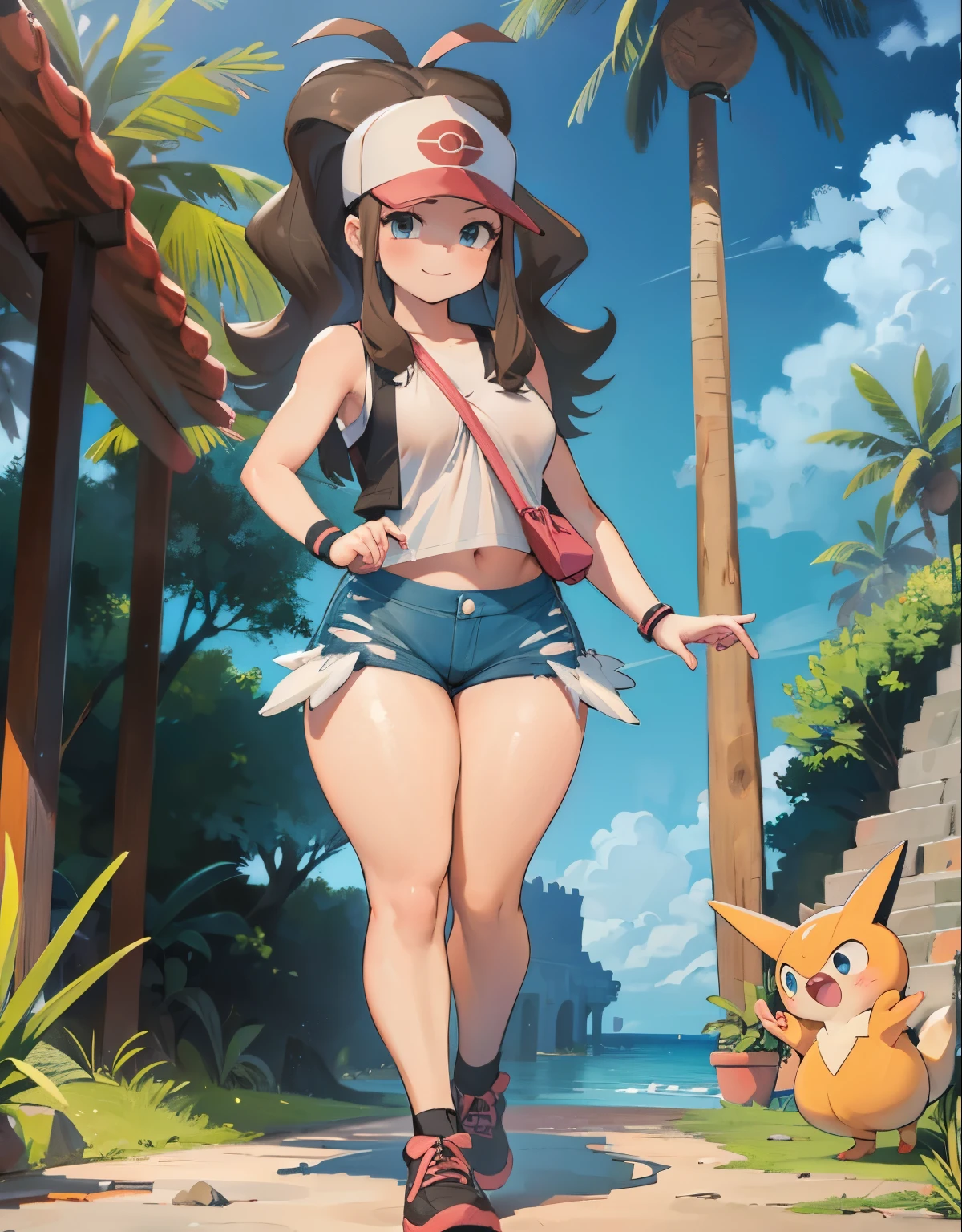 (best quality, highres, masterpiece:1.2), ultra-detailed, realistic:1.37, sketches, hilda pokemon, def1, detailed eyes, beautiful eyes, teenage girl, full body, curvy, visible thighs, chubby thighs, thick thighs, thighs in the foreground, body shape, in some Mayan ruins, tropical setting, lost civilization, tocando su cuerpo, curious look, pokeballs, smile, encanto femenino, downblouse, nsfw