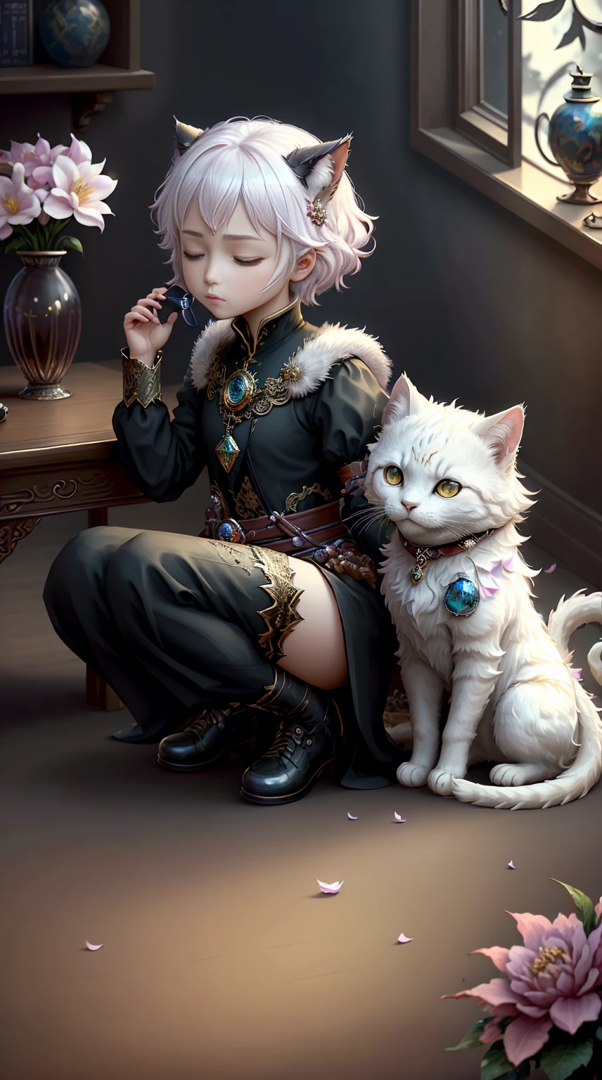Faris Style, alone, hair ornaments, close your eyes, flower, wing, horn, Cat, white Cat, Dragon-Cat, hair flower, No humans, gem, Dragon, scale, eastern Dragon, Movie angle, Cinema Lighting, Shorthand, Depth of written boundary, Detailed Background, masterpiece, highest quality , Official Art ,