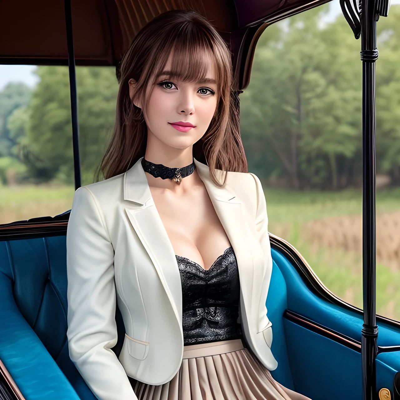 masterpiece, Front view, Cute Japanese aristocratic woman, (輝くBrown Hair, Straight Long Hair), ((Ivory business jacket, Pleated mini skirt)), Very cute face, Glossy Lips, Double eyelids on both eyes, Natural Makeup, Brown Hair, Asymmetrical bangs, High resolution, Attention to detail, Detailed hairstyle, Detailed face, Octane Rendering, Ultra-realistic, Perfect limbs, ((Black choker)), blue eyes, (Big Breasts), ((Slim body:1.5)), Cool Beauty, ((Slim face)), smile, Mature Woman, Browsing Caution:-1.2, Long, Bushy Eyelashes, Cleavage, ((Rural outskirts)), (A big, fine carriage:1.5), Standing in front of a carriage, luggage