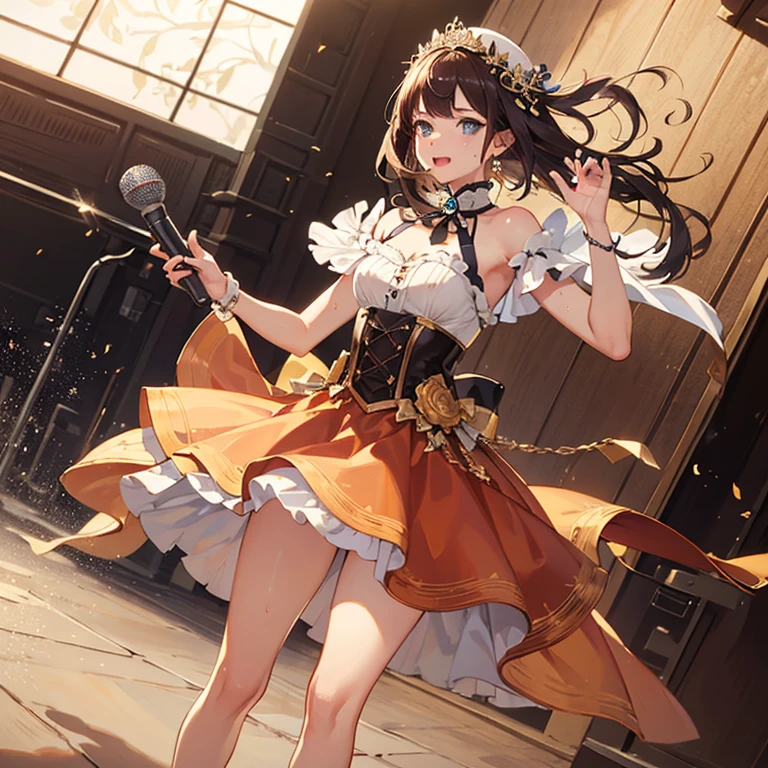 concert,dutch angle shot,low angle,full body shot,medium shot,Blowing in the wind:1.1,wave her hand:1.1,A smile,cute,Idol,Hold the microphone:1.1,Sing a song:1.1,Sweat splashes,swet,4K, (Raw photo: 1.2), (Realism: 1.4), (masutepiece: 1.3), (exquisite detailing: 1.2), Delicate and beautiful details, (Eye Detail), (Facial Detailed), (Highest Quality:1.4),  (very detailed illustration),  Best Quality, Super Resolution,Wide light, natural shadows