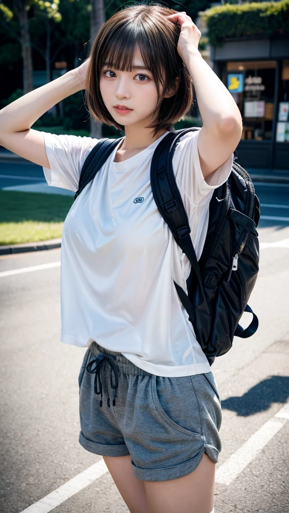 muste piece, best quality, illustration, Super detailed, fine details, High resolution, 8K,wall paper, perfect dynamic composition,(Details High quality, realistic depiction of eyes:1.3), oversized sport shirt, shorts women, small backpack, short bob hair, black hair color, Big Natural Color Lip, sexy pose, crying a little、cold gaze, Harajuku style、20 year old girl、cute type、lolita, hposing Gravure Idol, full body photo、focus on crotch, huge breasts