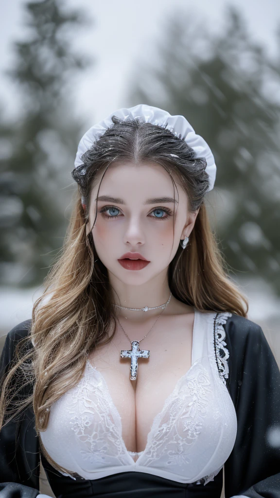 1 miniature Beautiful beautiful woman - Yuan Sayuki, ((top quality, 8K, Masterpiece:1.retty woman, 1 woman, huge breasts:1.3, a slim body:1.1, lush GINGER long hair with 2 buns, (shower, wet body, wet clothes:1.1), very detailed face, detailed lips, detailed eyes, double eyelids, Detailed blue eyes, чрезвычайно Detailed Outstanding Blue Eyes, long GINGER wet hair, GINGER wet hair, Detailed Outstanding Blue Eyes, innocent look at the viewer, very wet wavy white hair, Detailed Outstanding Blue Eyes, huge cross earrings, Outdoors, badges behind, gothic maid uniform, sexy maid dress, bare chest, huge chest tattoo, detailed huge catholic cross earrings, chest tattoo, Outside, wear a silver cross (Detailed cross shape), reality mode, wet breasts, black necklace, human crowd behind, black latex gloves, hair of white snowy colour, night time, red neon lights, demonic nun, nimbus (golden lighting ring above her head), angel, snowy weather, sexy pose, white lingerie, black maid dress, detailed flower wreath made of different colours, open chest