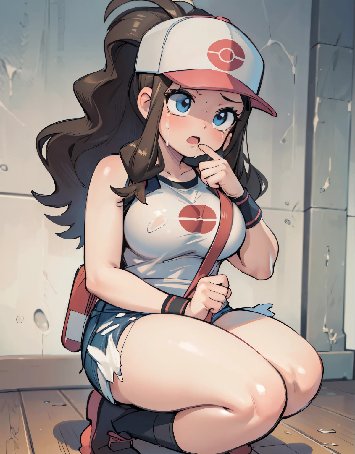 (best quality,4k,8k,highres,masterpiece:1.2),ultra-detailed,(realistic,photorealistic,photo-realistic:1.37)highres,portrait,beautiful girl, ultra-detailed, realistic:1.37, sketches, hilda pokemon, def1, full body, detailed eyes, beautiful eyes, anime style eyes, perfect hands, curvy, visible thighs, chubby thighs, thighs in the foreground, annoyed look, open mouth, encanto femenino,  in a abandoned warehouse, dinamic pose, back shot, from bihind, bukkake, cum on face, cum on mouth, cry, crying with open eyes,