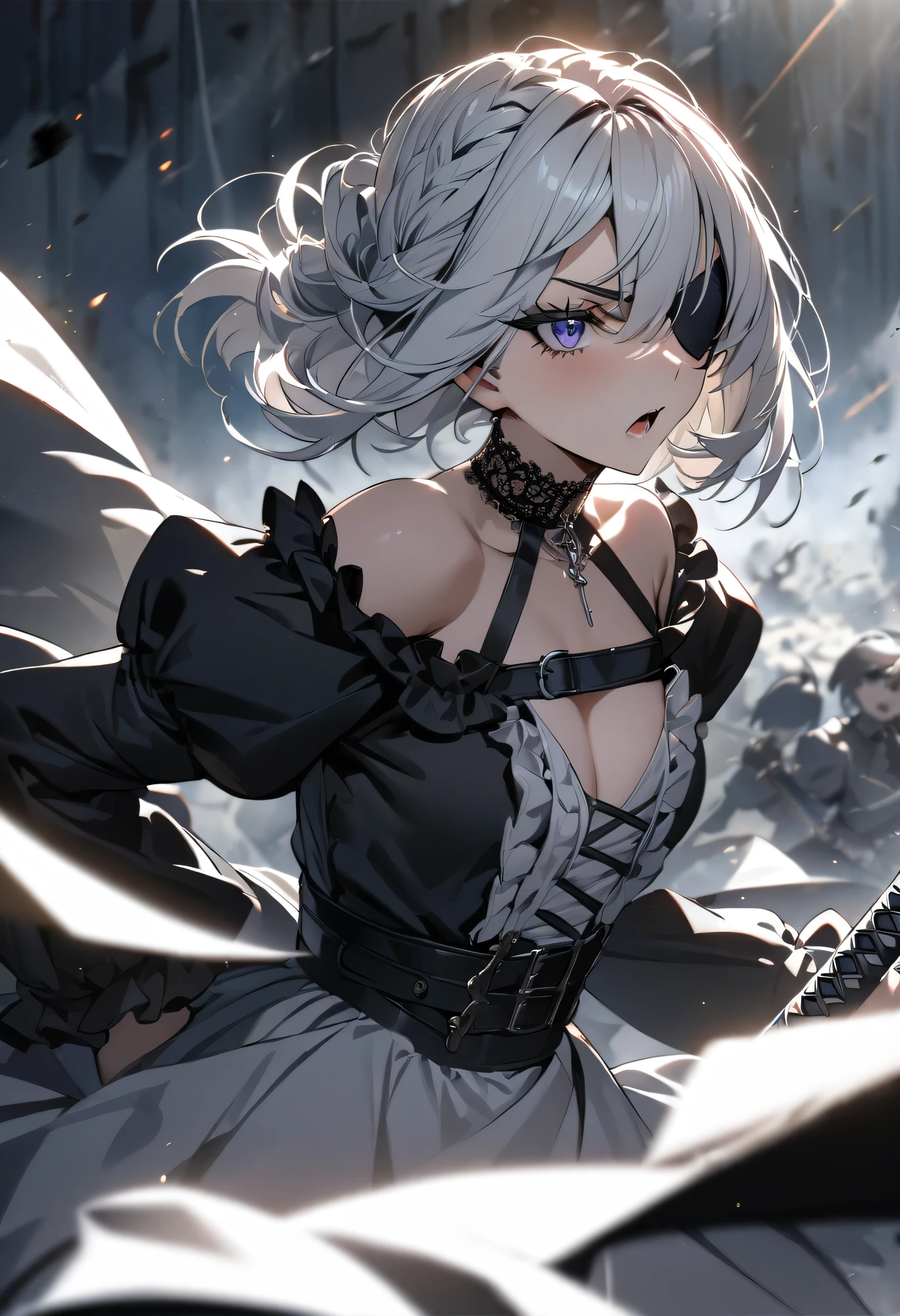 (masterpiece:1.2), (highest quality:1.2), Perfect Eyes, Perfect Face, Perfect lighting, One girl,bob, Complicated hairstyle, compensate, Thick eyelashes, Dressed as a goth girl, Black and white dress, Frills, ribbon, Puffy sleeves, Exposing shoulders, Lace choker,fighting,battle field,katana,Eye patch