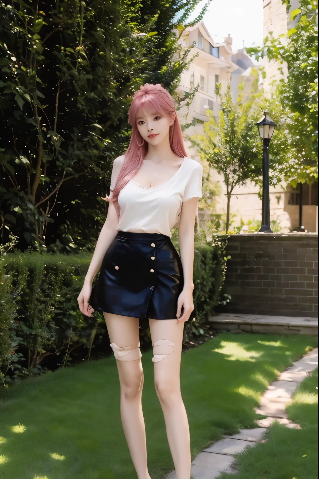 Beautiful woman with perfect body：1.4，Layered Hairstyle，Prominent cleavage，Highly detailed face and skin textures，Double eyelids，Skin Whitening，Long hair，Whitened long legs，Pink hair，（Tight T-shirt，miniskirt，Black pantyhose）Standing in the garden