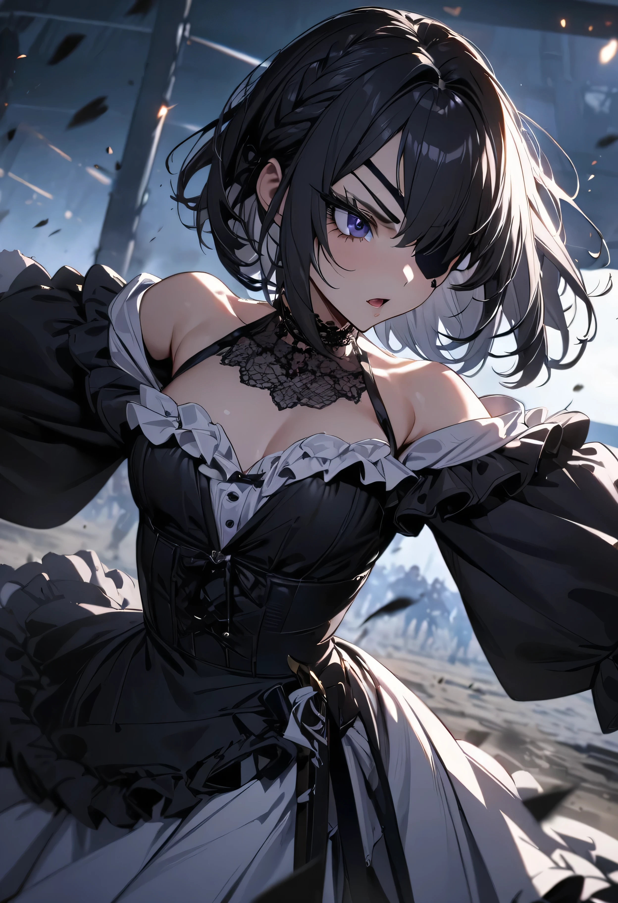 (masterpiece:1.2), (highest quality:1.2), Perfect Eyes, Perfect Face, Perfect lighting, One girl,bob, Complicated hairstyle, compensate, Thick eyelashes, Dressed as a goth girl, Black and white dress, Frills, ribbon, Puffy sleeves, Exposing shoulders, Lace choker,fighting,battle field,katana,Eye patch