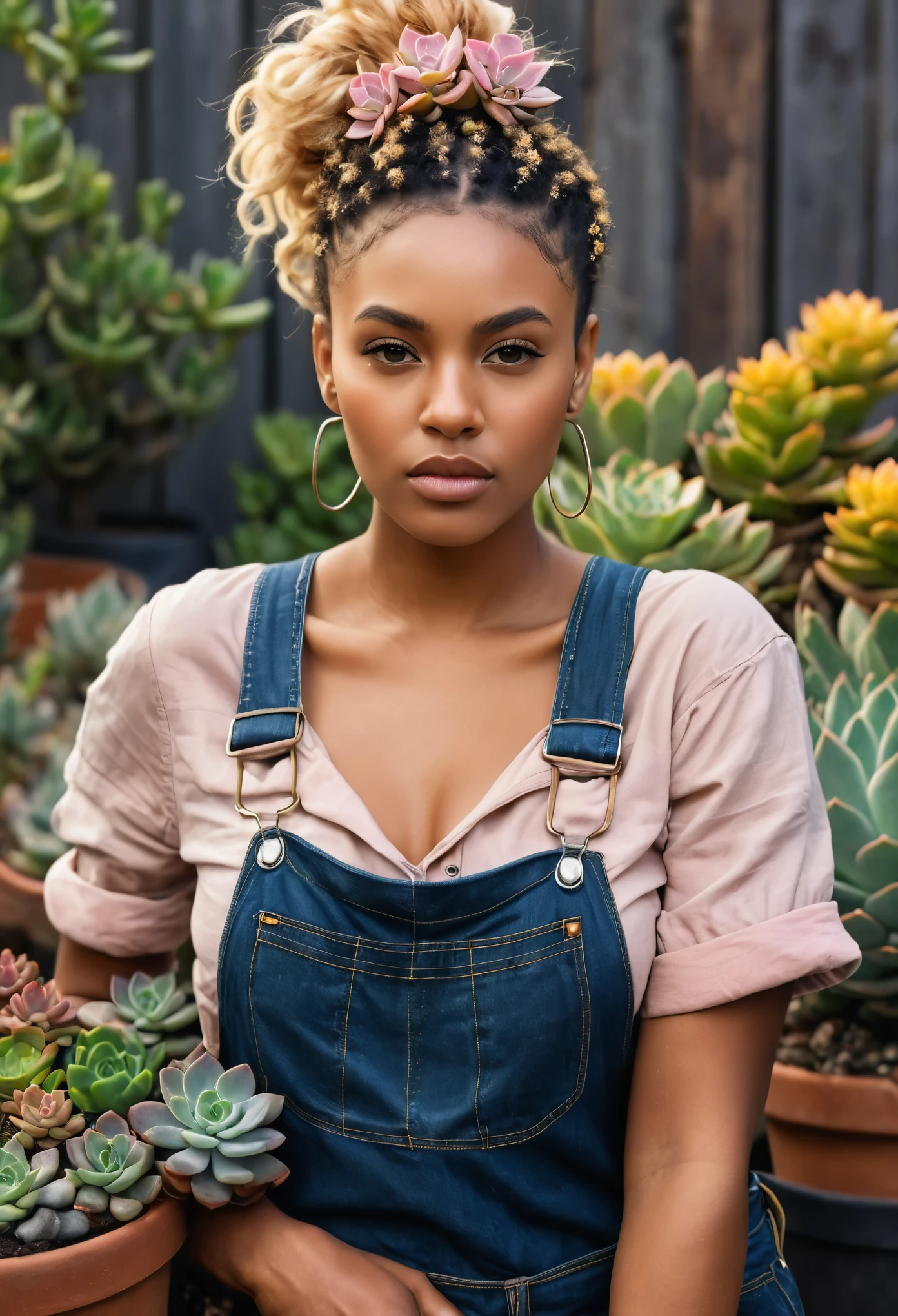 High resolution, 4k image quality, high detail, masterpiece, realistic skin, anatomically correct, sharp, ((flowering succulents, plants and flowers background)), ((dark skinned, mixed culture woman 28yo)), alone, ((face details)), wearing worn overalls, gardening gloves, blonde-amber hair in messy top bun, Curvy body type, eye contact, facing the center of the screen, blush cheeks, Close your mouth and look straight ahead, ((cowboy shot)),