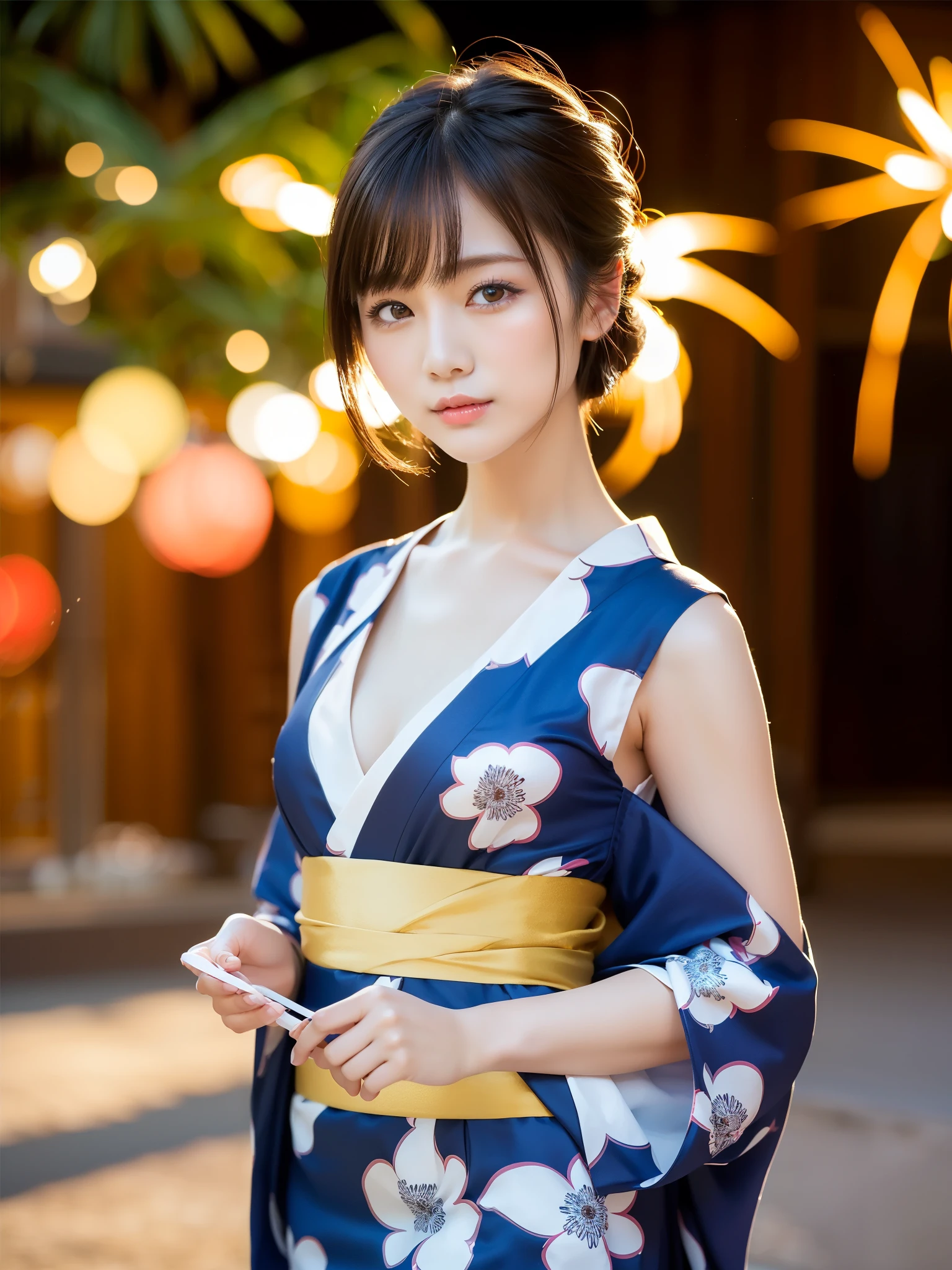 (highest quality:1.5)、(Real:1.5)、(1 person:1.5)、Medium Shot、(Very detailed)、(High resolution)、8k、Normal milk、Natural color lip、Japanese women、24 year old girl、Thin eyebrows、Beautiful and elegant face、Cute face、Arched thin eyebrows、(Large, balanced eyes)、Big Eyes、Fair skin、Beautiful and elegant face、Natural Bangs、Beautiful and thin nose、 Beautiful Skin、Medium Bob Hair、Natural Bangs、Perfect and beautiful facial features、Slim face and figure、（Bright lighting）、Professional Lighting、（Lighting from the front）、Outdoor、Beautiful 、1 personの少女、Cute and sexy sli4 year old woman、Fair skin、(A dreamy look)、(Floral Yukata)、(Normal milk)、(Facing forward）、Simple poses、(Beautiful Obi)、Beautiful clavicle、(Brightly colored fireworks burst into flames at a night festival)、summer、