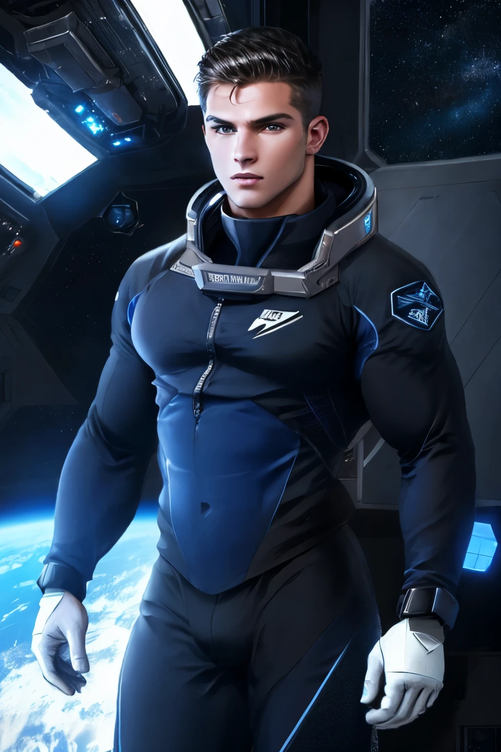 cowboy shot, 1man, an attractive muscular COMPANIONNIKITA, defined muscles, compression suit, space station on background, sci-fi, white black blue, (dangerous), (atmosphere), coherent, continuity, epic, sharp lines