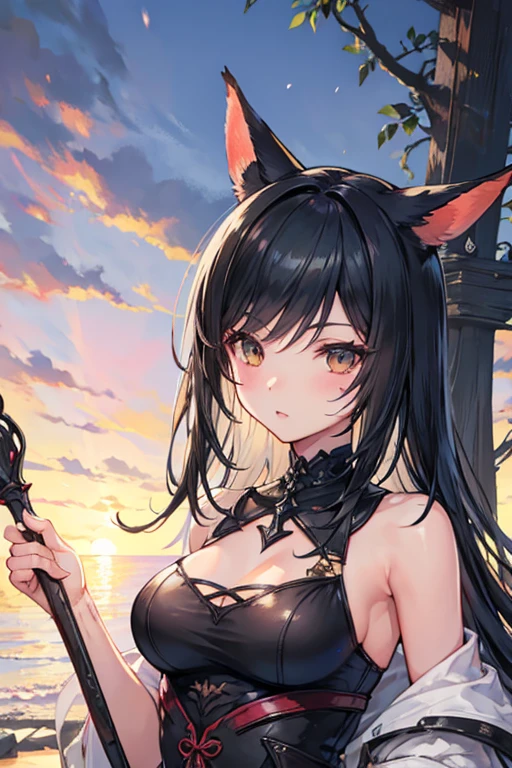 FFXIV miqo'te with black hair, beautiful face, tanned skin