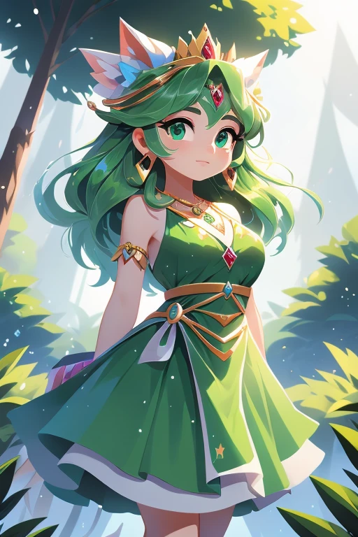 Nome: Evana Tema: Feiticeira da Floresta Cor da pele: pale, com um leve brilho verde Cor do cabelo: Verde vibrante, longo e ondulado Olhos: Hipnotizantes, em um tom intenso de verde esmeralda Roupa: Um vestido longo e fluido, com estampas de folhas verdes e detalhes em dourado. Ela usa uma capa verde escura, com uma gola alta e uma faixa dourada amarrada na cintura. accessories: A crown of green leaves on the head, brincos em formato de folha e um colar com um pingente de cristal verde.

Evana is a charming sorceress, with pale skin that gives off a faint green glow, as if connected to nature. Her vibrant green hair falls in waves down to her waist., adicionando um toque de vivacidade ao seu visual. Her mesmerizing eyes are an intense shade of emerald green., conveying your connection to the natural world. Ela veste um vestido longo e fluido, com estampas de folhas verdes que se misturam harmoniosamente com a natureza. Detalhes em dourado adornam o vestido, bringing a touch of elegance and sophistication. Evana envolve-se em uma capa verde escura, com uma gola alta que a protege do frio e uma faixa dourada amarrada na cintura, adicionando um toque de majestade ao seu visual. She wears accessories that reflect her connection to nature, like a crown of green leaves that adorns your head, mostrando seu poder como feiticeira da floresta. Her earrings are in the shape of leaves, lembrando sua afinidade com o reino vegetal. Um colar com um pingente de cristal verde completa seu conjunto, brilhando suavemente e emanando energia natural. Evana is a wise sorceress, mastering the secrets of nature and using their powers to protect and preserve the balance. Seu plano de fundo retrata uma floresta exuberante, with tall trees, rios cristalinos e uma luz suave filtrada pelas folhas, emanating a feeling of peace and magic.