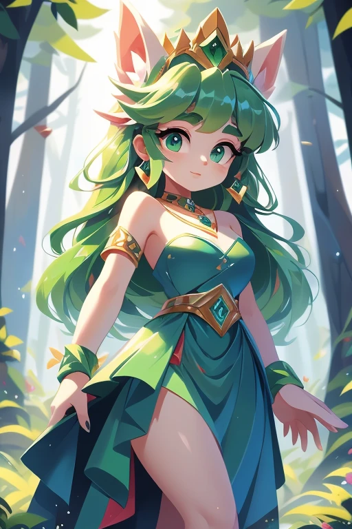 Nome: Evana Tema: Feiticeira da Floresta Cor da pele: pale, com um leve brilho verde Cor do cabelo: Verde vibrante, longo e ondulado Olhos: Hipnotizantes, em um tom intenso de verde esmeralda Roupa: Um vestido longo e fluido, com estampas de folhas verdes e detalhes em dourado. Ela usa uma capa verde escura, com uma gola alta e uma faixa dourada amarrada na cintura. accessories: A crown of green leaves on the head, brincos em formato de folha e um colar com um pingente de cristal verde.
Evana is a charming sorceress, with pale skin that gives off a faint green glow, as if connected to nature. Her vibrant green hair falls in waves down to her waist., adicionando um toque de vivacidade ao seu visual. Her mesmerizing eyes are an intense shade of emerald green., conveying your connection to the natural world. Ela veste um vestido longo e fluido, com estampas de folhas verdes que se misturam harmoniosamente com a natureza. Detalhes em dourado adornam o vestido, bringing a touch of elegance and sophistication. Evana envolve-se em uma capa verde escura, com uma gola alta que a protege do frio e uma faixa dourada amarrada na cintura, adicionando um toque de majestade ao seu visual. She wears accessories that reflect her connection to nature, like a crown of green leaves that adorns your head, mostrando seu poder como feiticeira da floresta. Her earrings are in the shape of leaves, lembrando sua afinidade com o reino vegetal. Um colar com um pingente de cristal verde completa seu conjunto, brilhando suavemente e emanando energia natural. Evana is a wise sorceress, mastering the secrets of nature and using their powers to protect and preserve the balance. Seu plano de fundo retrata uma floresta exuberante, with tall trees, rios cristalinos e uma luz suave filtrada pelas folhas, emanating a feeling of peace and magic.