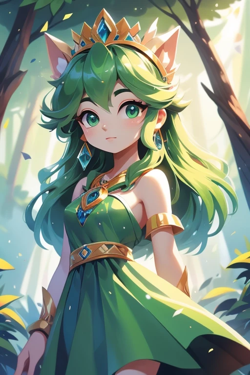 Nome: Evana Tema: Feiticeira da Floresta Cor da pele: pale, com um leve brilho verde Cor do cabelo: Verde vibrante, longo e ondulado Olhos: Hipnotizantes, em um tom intenso de verde esmeralda Roupa: Um vestido longo e fluido, com estampas de folhas verdes e detalhes em dourado. Ela usa uma capa verde escura, com uma gola alta e uma faixa dourada amarrada na cintura. accessories: A crown of green leaves on the head, brincos em formato de folha e um colar com um pingente de cristal verde.
Evana is a charming sorceress, with pale skin that gives off a faint green glow, as if connected to nature. Her vibrant green hair falls in waves down to her waist., adicionando um toque de vivacidade ao seu visual. Her mesmerizing eyes are an intense shade of emerald green., conveying your connection to the natural world. Ela veste um vestido longo e fluido, com estampas de folhas verdes que se misturam harmoniosamente com a natureza. Detalhes em dourado adornam o vestido, bringing a touch of elegance and sophistication. Evana envolve-se em uma capa verde escura, com uma gola alta que a protege do frio e uma faixa dourada amarrada na cintura, adicionando um toque de majestade ao seu visual. She wears accessories that reflect her connection to nature, like a crown of green leaves that adorns your head, mostrando seu poder como feiticeira da floresta. Her earrings are in the shape of leaves, lembrando sua afinidade com o reino vegetal. Um colar com um pingente de cristal verde completa seu conjunto, brilhando suavemente e emanando energia natural. Evana is a wise sorceress, mastering the secrets of nature and using their powers to protect and preserve the balance. Seu plano de fundo retrata uma floresta exuberante, with tall trees, rios cristalinos e uma luz suave filtrada pelas folhas, emanating a feeling of peace and magic.