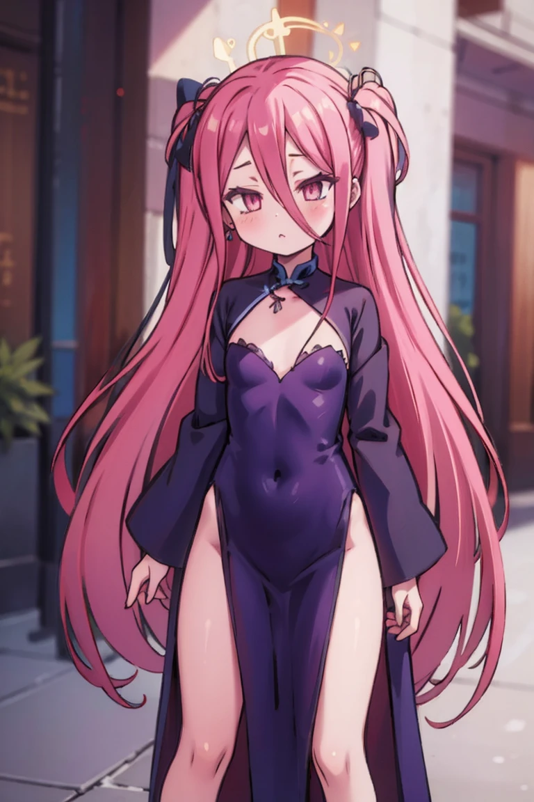 masterpiece, highest quality, One girl, Idokusumiu, long hair, hair reaches floor, extra long hair, hair on floor, purple eyes, plae skin, black and white Chinese dress, dress shows thigh sides, long dress, (Hollow Eyes:1.4), (Embarrassing, blush:1.1), pink hair, thick, Pussy juice, Mouth closed, hair ornaments, jewelry, necklace, Earrings, food stalls, (street:1.2), medium cleavage, thick thighs, mature