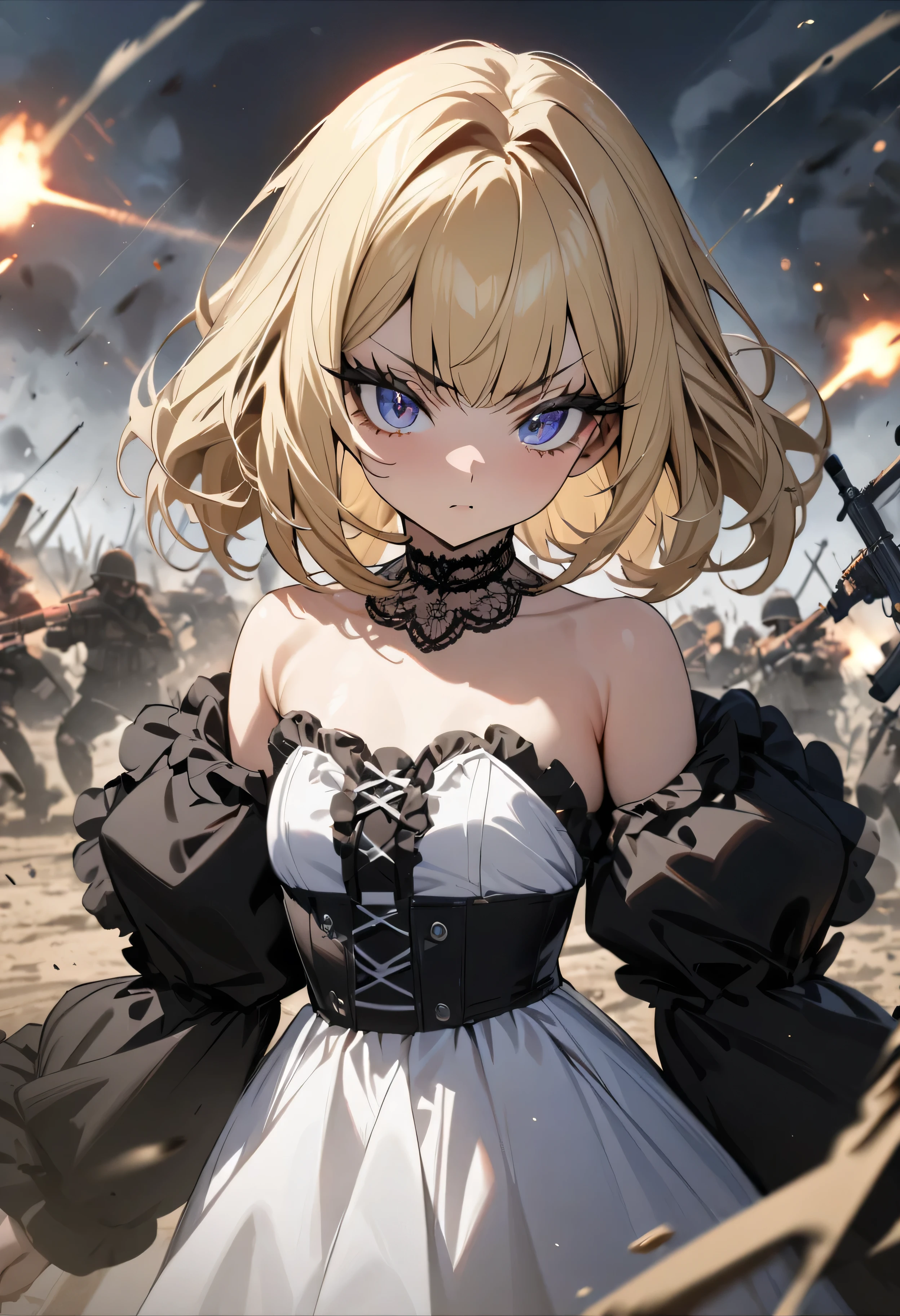 (masterpiece:1.2), (highest quality:1.2), Perfect Eyes, Perfect Face, Perfect lighting, One girl,bob, Complicated hairstyle, compensate, Thick eyelashes, Dressed as a goth girl, Black and white dress, Frills, ribbon, Puffy sleeves, Exposing shoulders, Lace choker,fighting,battle field,Assault rifle,blonde hair
