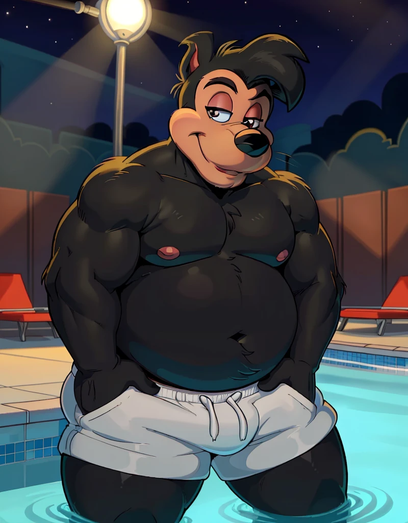 (((detailed eyes, detailed face))), (furry, pj_(goof_troop) obese, male, cat, black fur body, black body) wearing a thong (front faceing), (good lighting), (at a pool) (solo)