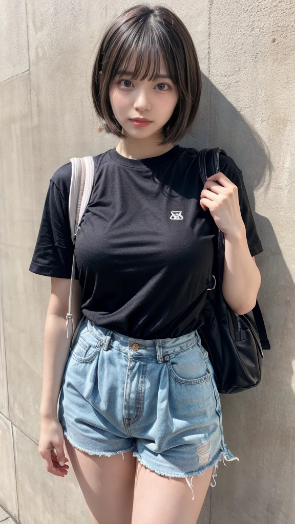 muste piece, best quality, illustration, Super detailed, fine details, High resolution, 8K,wall paper, perfect dynamic composition,(Details High quality, realistic depiction of eyes:1.3), oversized sport shirt, shorts women, small backpack, short bob hair, black hair color, Big Natural Color Lip, sexy pose, crying a little、cold gaze, Harajuku style、20 year old girl、cute type、lolita, hposing Gravure Idol, full body photo、focus on crotch, huge breasts