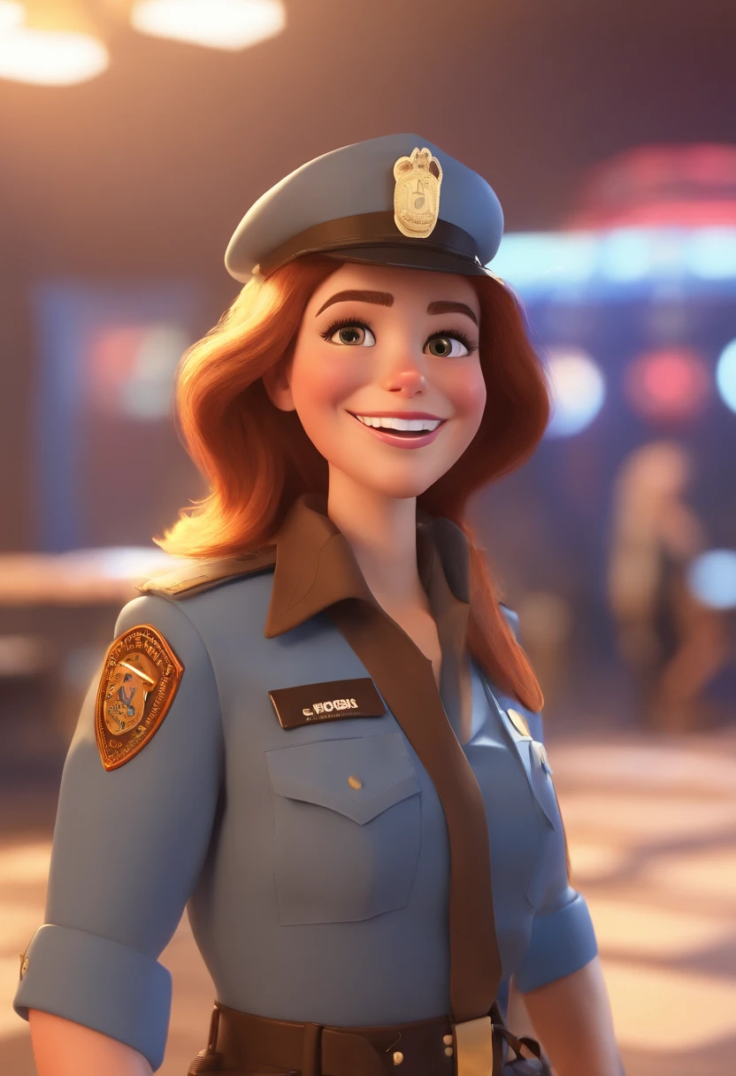 Woman police officer illustration , sorriso insano, mulher de pele marrom com um sorriso gigante, smiling happily at the camera, sorriso atrevido, she is smiling, sorriso muito grande, foto de perfil headshot, desenhando no estilo de Arte 3D, C4D, fundo de cor branco puro, estilo disney, estilo pixar render ilustracao Super Detalhe, 8k