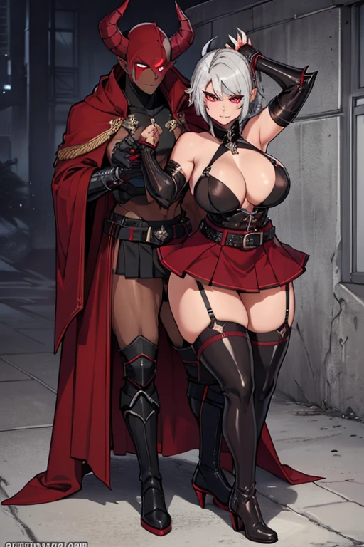 female, silver short hair, red eyes, dark skin, curved black horns, (((1girl))), (((metal gauntlets))), (knee high metal heeled boots), (black bra), (black panties), (maroon half skirt), (brown belt), (black thigh high socks), cute and sexy, long legs, full body, large breasts, large butt, smirking, holding spear