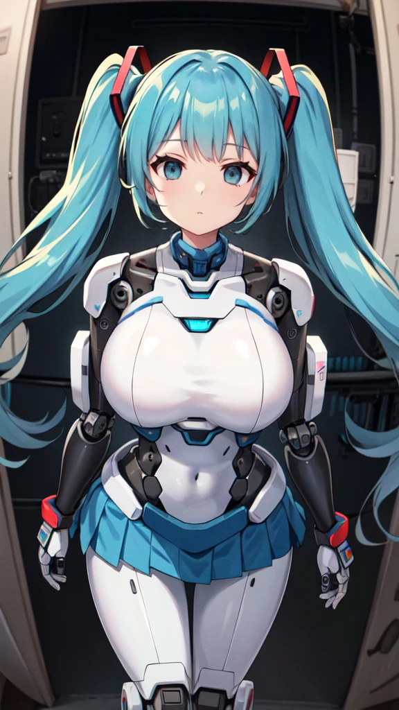 masterpiece, best quality, extremely detailed, 8k portrait, well-toned body,Japaese android Girl, Ultimate physical beauty, huge breasts , announcer,control panels,Robot arms and legs, hatune miku VOCALOID, twin tails, light blue eyes, light blue hair,Mechanical body,Blunt bangs,perfect mechanical abdomen,White robotics parts,perfect robot woman,cyberpank costume,She is powered by electricity,future laboratory,perfect plastic body,perfect mechanical body,black sponge joints,The removable cover is on the groin,The connection port is on the groin,opened chest panel,access panel on the chest,opened breast panel,perfect mechanical breast,machine body,white robot body,ceramic breast,perfect plastic breast,She has been assembled by robotarm,assembly plant,miniskirt,pleated skirt,boots,perfect future costume,perfect mechanical bodycover,separate booth,She has storaged in the booth,costume with aqua accents,