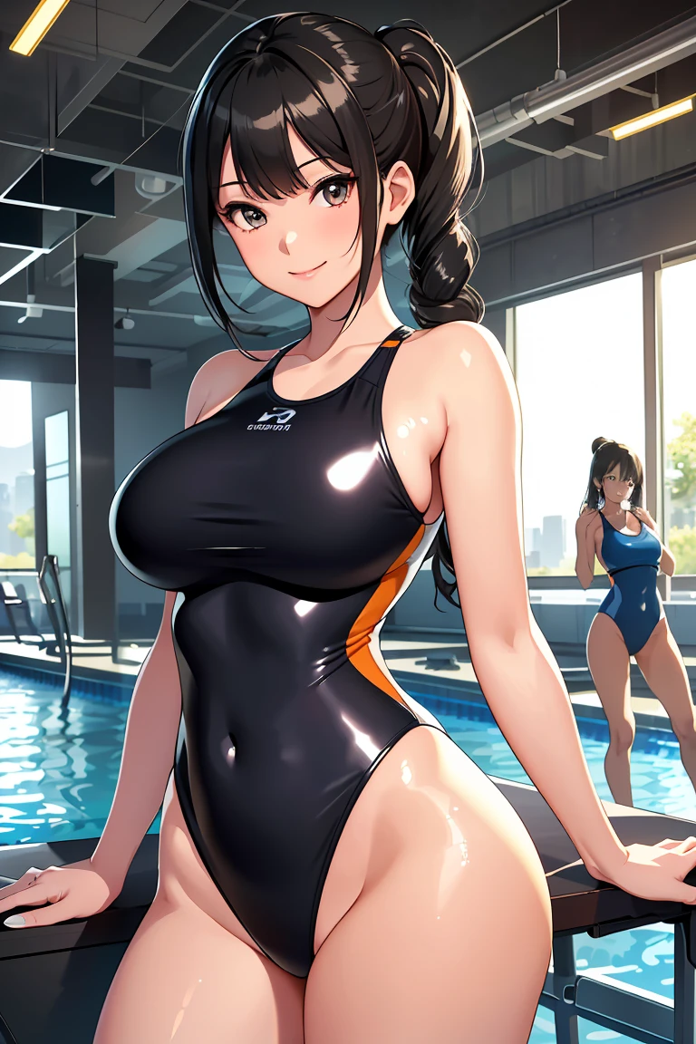 high resolution、Ultra HD、Best Quality、Top quality、Extremely detailed image quality、Realistic woman、A big smile、(1girl:1.8)、(looking straight:1.8), Japanese、Peaceful face、45-year-old woman、Married Woman、Plump body、belly button、Black Hair、long、Shiny skin、Skin that is very shiny after applying oil、High gloss skin、Facing forward、The whole body is reflected、(gymnasium:1.6)、stretch、Woman wearing(The description of Competition swimwear:1.5), (One piece swimsuit:1.2), (High leg swimsuit:1.5), High leg panties, (Bursting huge breasts、Valley、Shiny skin、radiant skin、Glowing Skin、High gloss skin:1.4)、