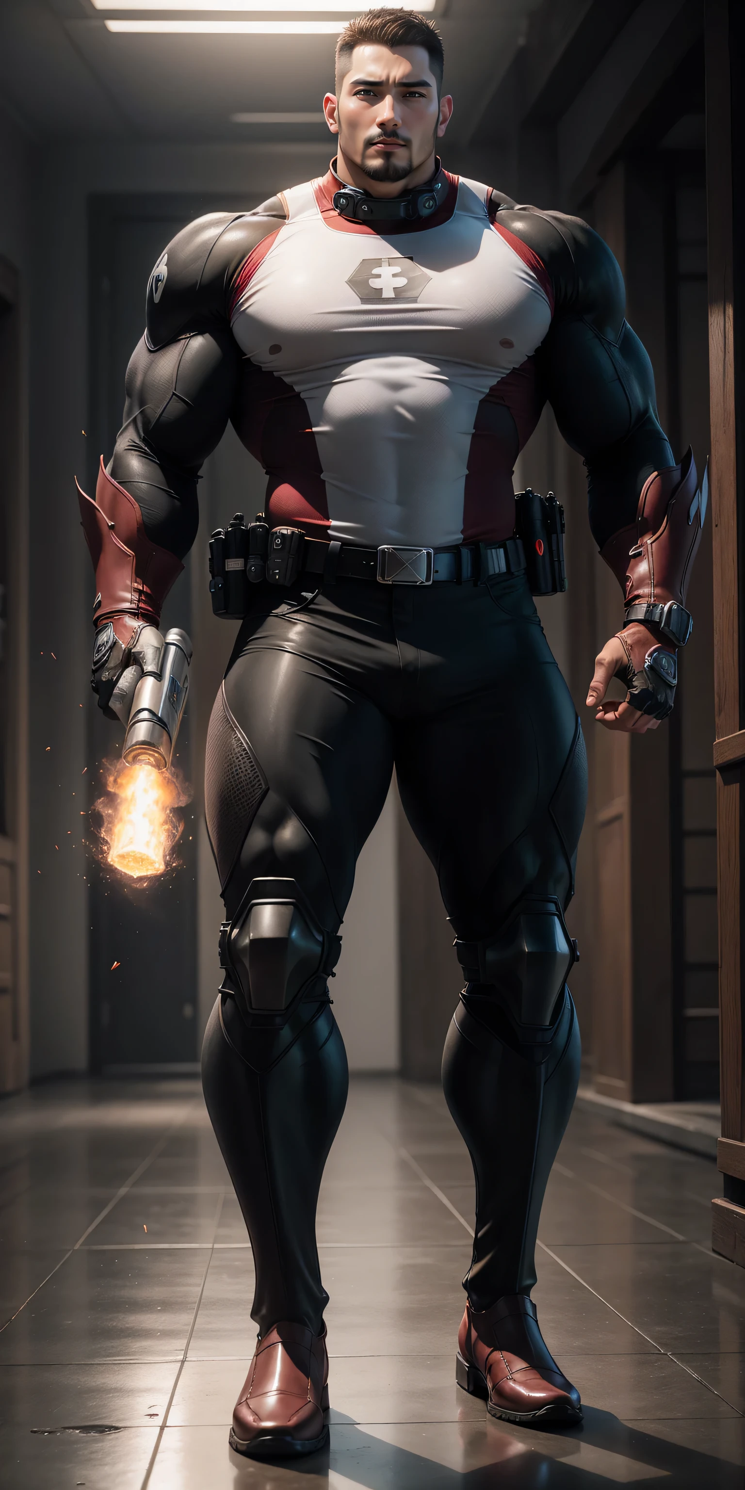 Tall giant muscular police officer,Dark wine red honeycomb pattern nano mecha,Honeycomb pattern,Lightweight texture,character concept(Resident Evil - Chris Redfield,Chris Redfield)senior police officer,Holding a huge flamethrower,Regular symmetrical texture pattern,Sad expression,Deep and charming eyes,emerald eyed hero,Heroic male pose,Tall burly,muscular!Attractive leg muscles,High, Burly, Heqiang, Super polished and cool, High Resolution Committee, Bigfoot Burgundy Ultra-Thin Nano-Mechanical Boots,Charismatic,The bright sunshine shines on you,Matte particles,Shiny texture
