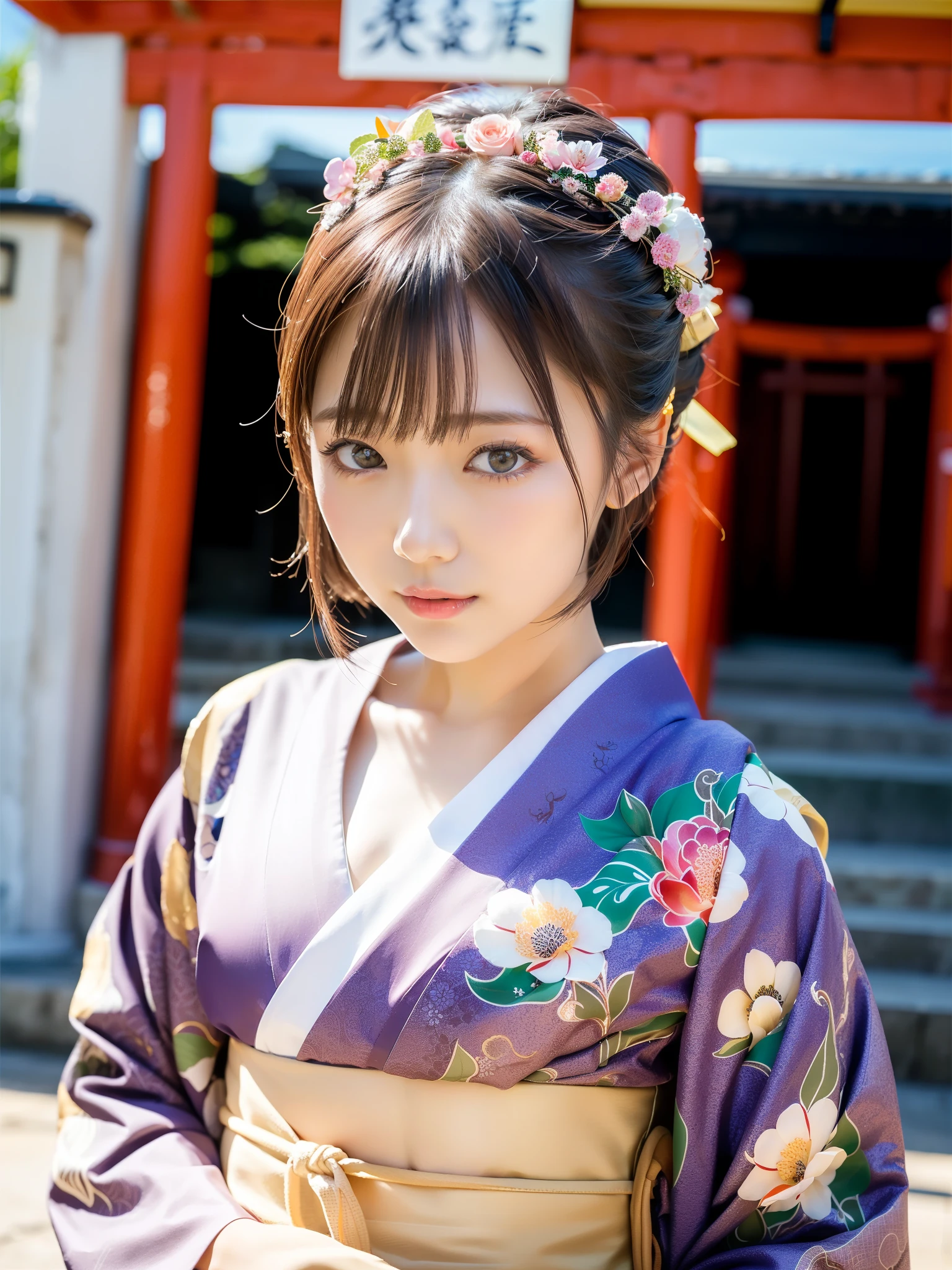 (highest quality:1.5)、(Real:1.5)、(1 person:1.5)、Medium Shot、(Very detailed)、(High resolution)、8k、Normal milk、Natural color lip、Japanese women、24 year old girl、Thin eyebrows、Beautiful and elegant face、Cute face、Arched thin eyebrows、(Large, balanced eyes)、Big Eyes、Fair skin、Beautiful and elegant face、Natural Bangs、Beautiful and thin nose、 Beautiful Skin、Medium Bob Hair、Natural Bangs、Perfect and beautiful facial features、Slim face and figure、（Bright lighting）、Professional Lighting、（Lighting from the front）、Outdoor、1 personの少女、Cute and sexy slim 24 year old woman、Fair skin、(A dreamy look)、(Kimono with furisode)、(Normal milk)、(Stand in front of the torii gate, facing forward）、Simple poses、(Beautiful Obi)、(First visit to a shrine)、(Vermilion torii gate)、(Japanese style floral pattern:1.0)、(Traditional Japanese classic patterns:1.2)、Flowers on head、