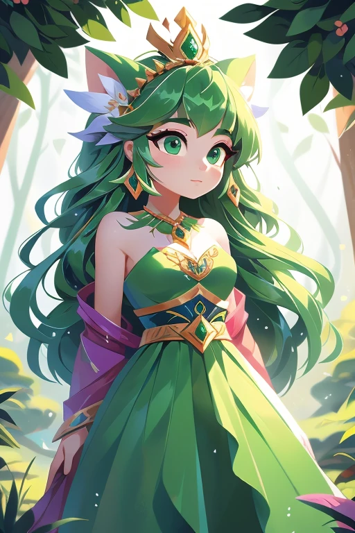 Nome: Evana Tema: Feiticeira da Floresta Cor da pele: pale, com um leve brilho verde Cor do cabelo: Verde vibrante, longo e ondulado Olhos: Hipnotizantes, em um tom intenso de verde esmeralda Roupa: Um vestido longo e fluido, com estampas de folhas verdes e detalhes em dourado. Ela usa uma capa verde escura, com uma gola alta e uma faixa dourada amarrada na cintura. accessories: A crown of green leaves on the head, brincos em formato de folha e um colar com um pingente de cristal verde.

Evana is a charming sorceress, with pale skin that gives off a faint green glow, as if connected to nature. Her vibrant green hair falls in waves down to her waist., adicionando um toque de vivacidade ao seu visual. Her mesmerizing eyes are an intense shade of emerald green., conveying your connection to the natural world. Ela veste um vestido longo e fluido, com estampas de folhas verdes que se misturam harmoniosamente com a natureza. Detalhes em dourado adornam o vestido, bringing a touch of elegance and sophistication. Evana envolve-se em uma capa verde escura, com uma gola alta que a protege do frio e uma faixa dourada amarrada na cintura, adicionando um toque de majestade ao seu visual. She wears accessories that reflect her connection to nature, like a crown of green leaves that adorns your head, mostrando seu poder como feiticeira da floresta. Her earrings are in the shape of leaves, lembrando sua afinidade com o reino vegetal. Um colar com um pingente de cristal verde completa seu conjunto, brilhando suavemente e emanando energia natural. Evana is a wise sorceress, mastering the secrets of nature and using their powers to protect and preserve the balance. Seu plano de fundo retrata uma floresta exuberante, with tall trees, rios cristalinos e uma luz suave filtrada pelas folhas, emanating a feeling of peace and magic.