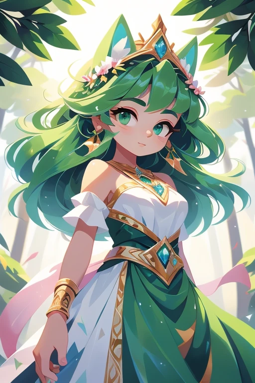 Nome: Evana Tema: Feiticeira da Floresta Cor da pele: pale, com um leve brilho verde Cor do cabelo: Verde vibrante, longo e ondulado Olhos: Hipnotizantes, em um tom intenso de verde esmeralda Roupa: Um vestido longo e fluido, com estampas de folhas verdes e detalhes em dourado. Ela usa uma capa verde escura, com uma gola alta e uma faixa dourada amarrada na cintura. accessories: A crown of green leaves on the head, brincos em formato de folha e um colar com um pingente de cristal verde.

Evana is a charming sorceress, with pale skin that gives off a faint green glow, as if connected to nature. Her vibrant green hair falls in waves down to her waist., adicionando um toque de vivacidade ao seu visual. Her mesmerizing eyes are an intense shade of emerald green., conveying your connection to the natural world. Ela veste um vestido longo e fluido, com estampas de folhas verdes que se misturam harmoniosamente com a natureza. Detalhes em dourado adornam o vestido, bringing a touch of elegance and sophistication. Evana envolve-se em uma capa verde escura, com uma gola alta que a protege do frio e uma faixa dourada amarrada na cintura, adicionando um toque de majestade ao seu visual. She wears accessories that reflect her connection to nature, like a crown of green leaves that adorns your head, mostrando seu poder como feiticeira da floresta. Her earrings are in the shape of leaves, lembrando sua afinidade com o reino vegetal. Um colar com um pingente de cristal verde completa seu conjunto, brilhando suavemente e emanando energia natural. Evana is a wise sorceress, mastering the secrets of nature and using their powers to protect and preserve the balance. Seu plano de fundo retrata uma floresta exuberante, with tall trees, rios cristalinos e uma luz suave filtrada pelas folhas, emanating a feeling of peace and magic.