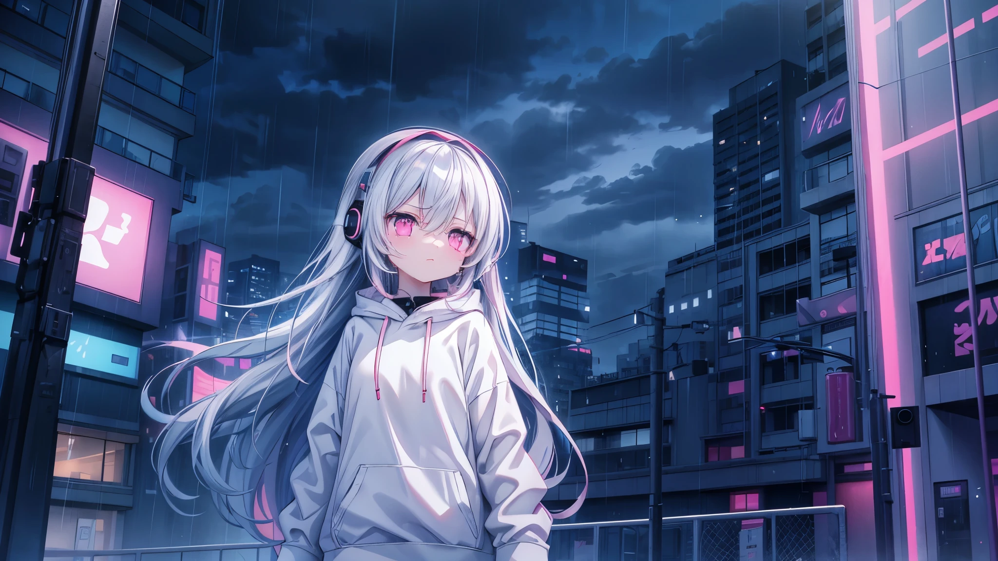 Blue long hair,White sweatshirt,cry,Pink Eyes,Black headphones,Rain scene,street,dark clouds,cloudy day
