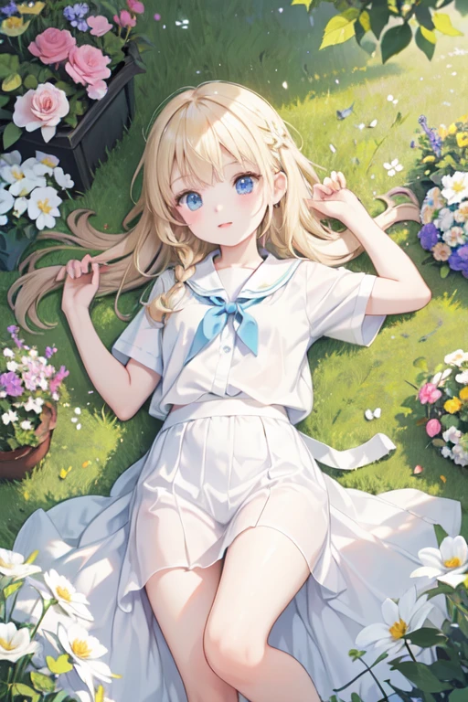masterpiece, highest quality, High resolution, One 5 year old girl、blue eyes、
blonde, Braiding、White shirt, Check skirt, White panties、garden、flower bed、Lying on the grass