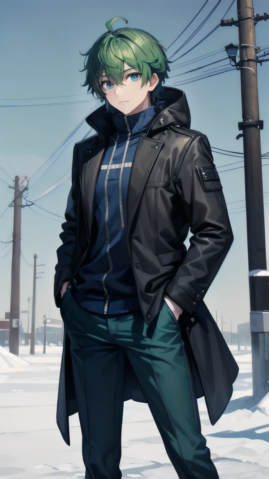 (masterpiece), ((sfw)), best quality, expressive eyes, perfect face, mature male, ((1boy, adult Man)), young adult, young man, solo, Green hair BREAK ahoge, blue eyes BREAK looking at viewer, blue background, (crystal), standing, :/, winter clothes, winter coat, blue pants BREAK