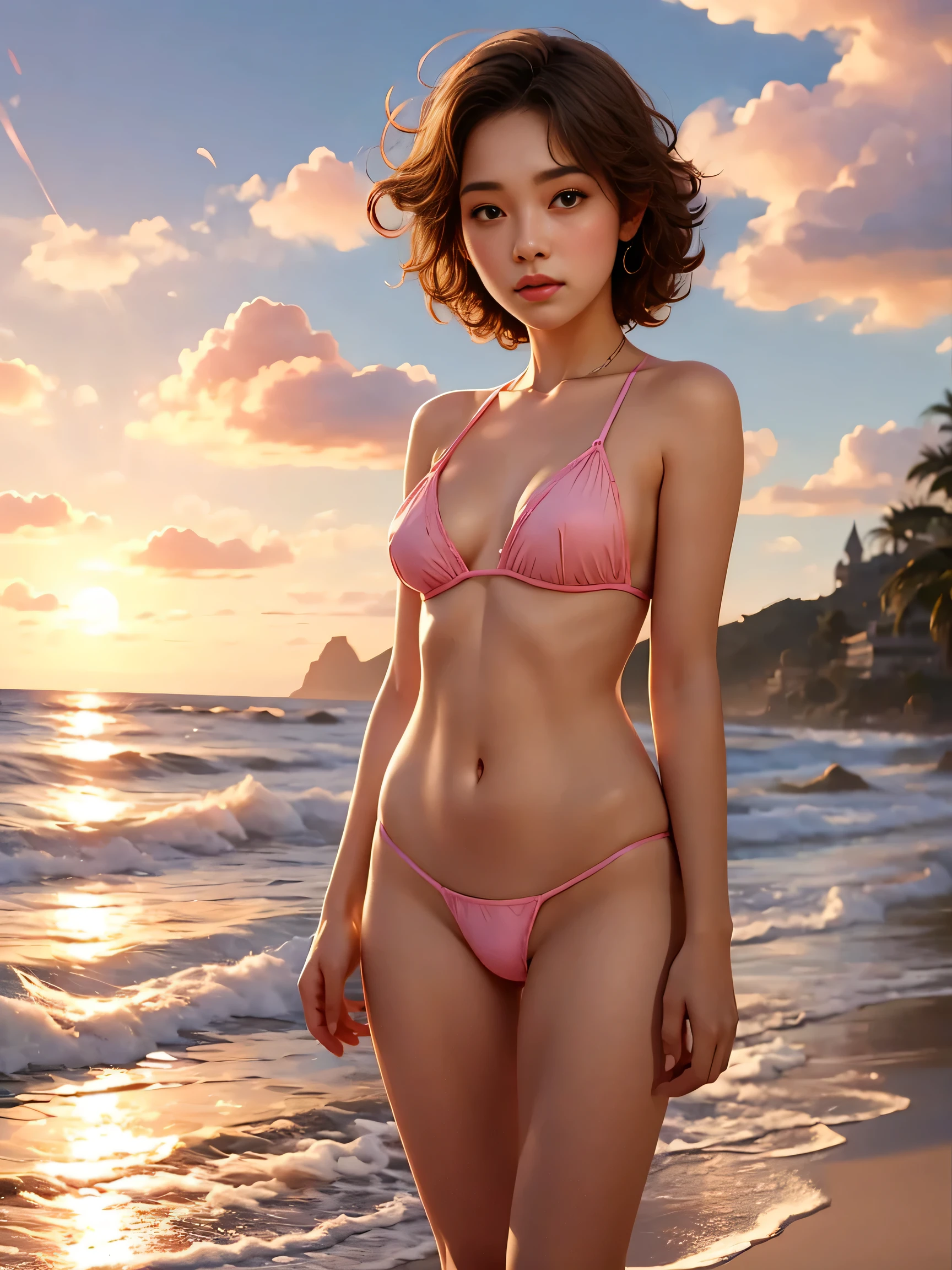 (Vision)，(panoramic:1.5)，(Wide-angle shooting:1.3)，1girl, beauty, Short brown hair，Beautiful eyes，The background is the pink sea under the sunset，****ta style，Second Dimension，Masterpiece，High quality and high resolution，comics，Small fresh, (whole body:1.8), UHD, retina, ccurate, anatomically correct, textured skin, super detail, award winning, best quality, 8k