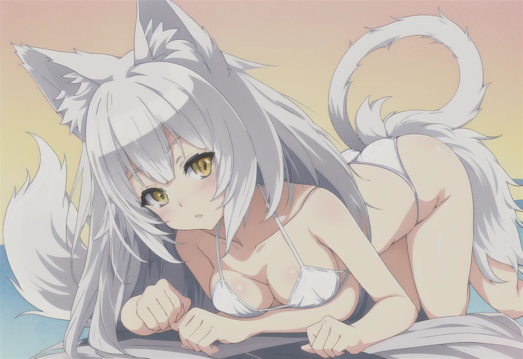 anime girl with cat ears and tail in a white bikini, neferpitou, holo is a wolf girl, anime catgirl, white cat girl, cute anime catgirl, seductive anime girl, beautiful anime catgirl, white - haired fox, holo if a wolf girl, wolf ears, attractive cat girl, nyaruko-san, anime moe artstyle