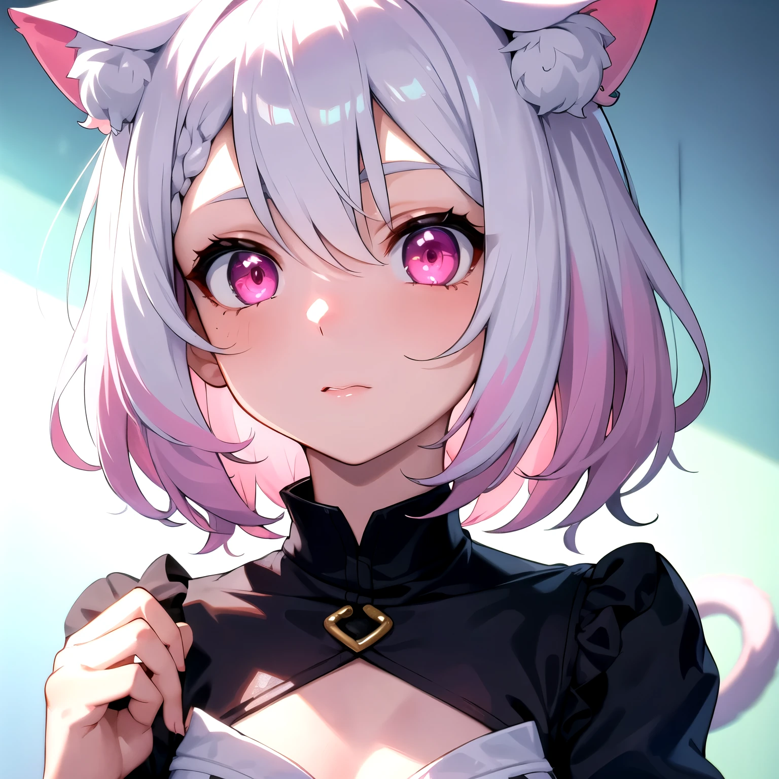 ((best quality)), ((masterpiece)), (detailed), perfect face. White hair. Short hair. Inner pink hair. Anime girl. Pink eyes. Glowing eyes. Nekomimi.