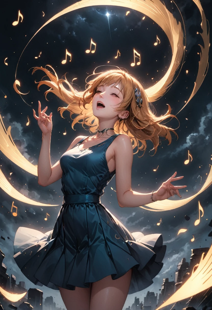 best quality, masterpiece, girl singing, ((glowing music notes flying through the air))