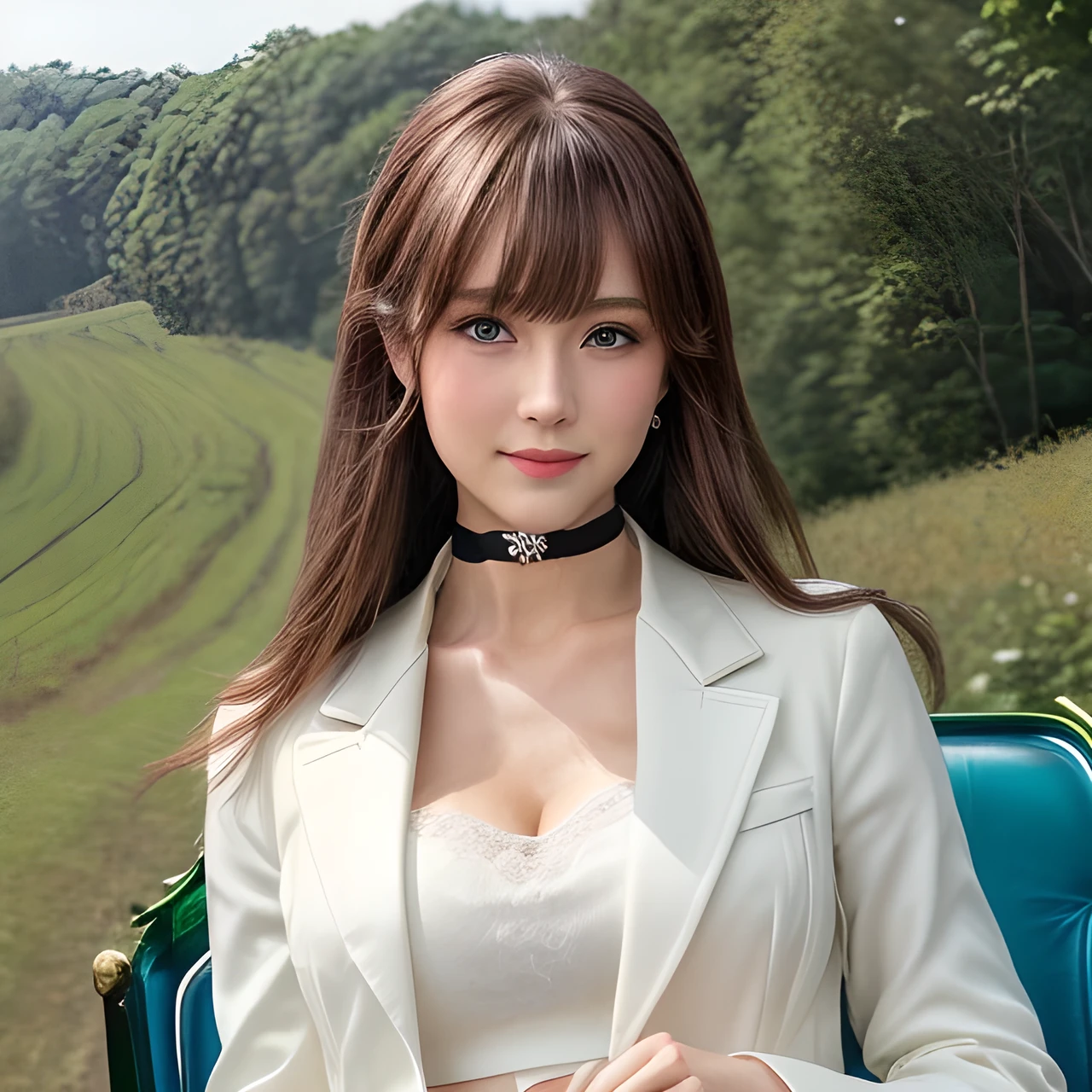 masterpiece, Front view, Cute Japanese aristocratic woman, (輝くBrown Hair, Straight Long Hair), ((Ivory business jacket, Pleated mini skirt)), Very cute face, Glossy Lips, Double eyelids on both eyes, Natural Makeup, Brown Hair, Asymmetrical bangs, High resolution, Attention to detail, Detailed hairstyle, Detailed face, Octane Rendering, Ultra-realistic, Perfect limbs, ((Black choker)), blue eyes, (Big Breasts), ((Slim body:1.5)), Cool Beauty, ((Slim face)), smile, Mature Woman, Browsing Caution:-1.2, Long, Bushy Eyelashes, Cleavage, ((Rural outskirts)), (A big, fine carriage:1.5), Standing in front of a carriage, luggage