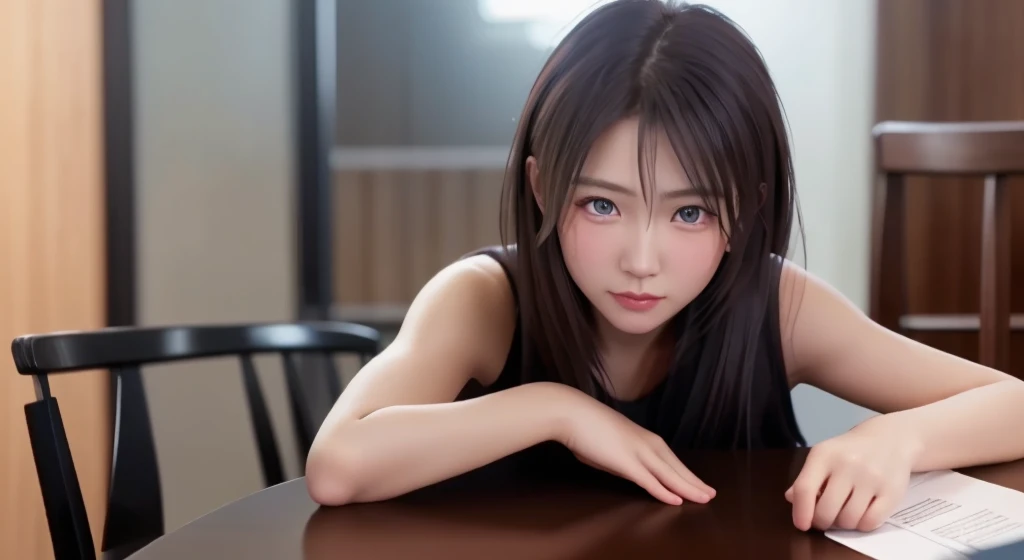 8k, highest quality, Tabletop:1.2), (Realistic, Photorealistic:1.37), highest quality, Tabletop, Beautiful young woman, Embarrassed look, Tie your hair back, Kamimei、Messy mood, Movie Background, tired, Light skin tone