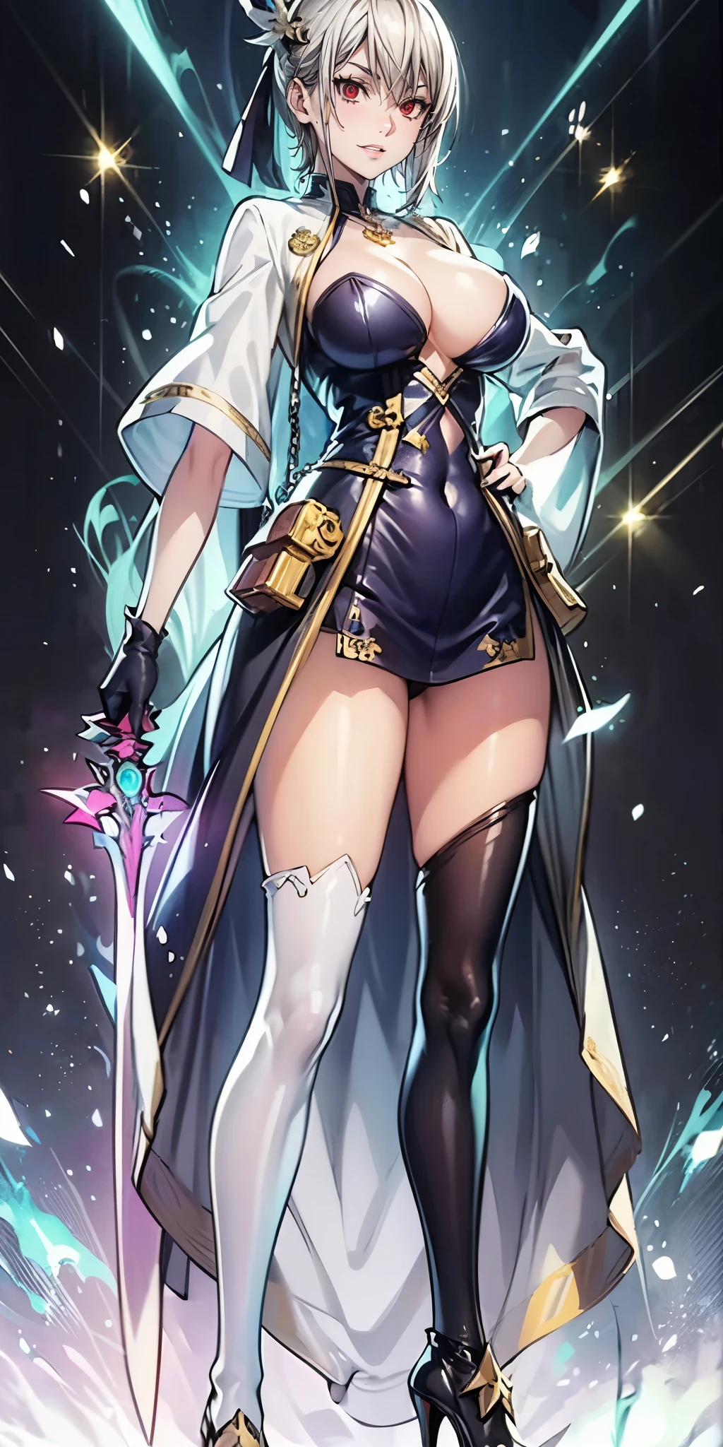 (short hair, silver hair:1.3), red eyes, pale skin, muscular female, anatomically correct, mature female, curvy, huge breasts, 1girl, solo, breasts, high_heels, bodysuit, covered_navel, full_body, skin_tight, standing, jewelry, anime coloring, anime screencap, hair ornament, (shaded face:1.2), hollow eyes, red eyes, looking at viewer, smirk, upper teeth, lips,

