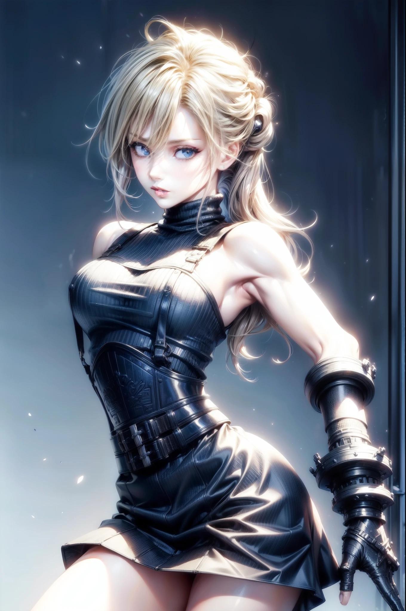 (masterpiece, best quality:1.2), expressive eyes, perfect face, highres, 1 girl, solo, (female:1.5), strife, blonde hair, shoulder armor, sleeveless turtleneck, suspenders, belt, gloves, bracer, standing, portrait, looking at viewer,