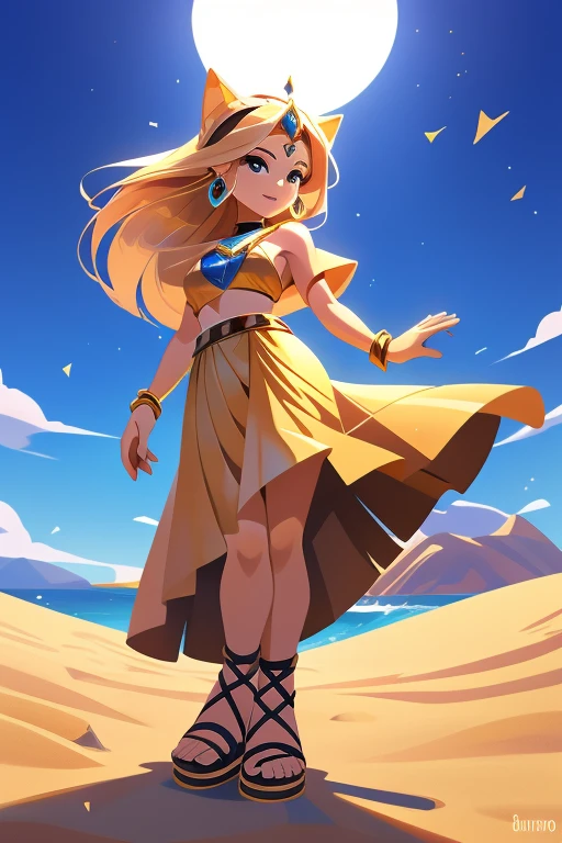Nome: Sahara Poder: Controle da Areia Cor da pele: Bronzeada, com um brilho dourado Cor do cabelo: Loiro claro, longo e ondulado Olhos: Intensos, of a deep shade of golden amber Clothing: Um traje elegante e fluido, composto por um top dourado brilhante, long layered skirt in light fabric and gold leather sandals. accessories: Gold bracelets on hands and ankles, e um colar com um pingente de cristal amarelo em forma de gota. Seu plano de fundo retrata um deserto vasto e dourado, com dunas ondulantes e um sol escaldante no horizonte, representing the environment where Sahara displays its dominance over the sand.