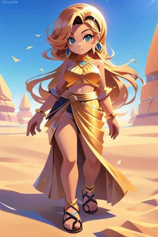 Nome: Sahara Poder: Controle da Areia Cor da pele: Bronzeada, com um brilho dourado Cor do cabelo: Loiro claro, longo e ondulado Olhos: Intensos, of a deep shade of golden amber Clothing: Um traje elegante e fluido, composto por um top dourado brilhante, long layered skirt in light fabric and gold leather sandals. accessories: Gold bracelets on hands and ankles, e um colar com um pingente de cristal amarelo em forma de gota. Seu plano de fundo retrata um deserto vasto e dourado, com dunas ondulantes e um sol escaldante no horizonte, representing the environment where Sahara displays its dominance over the sand.