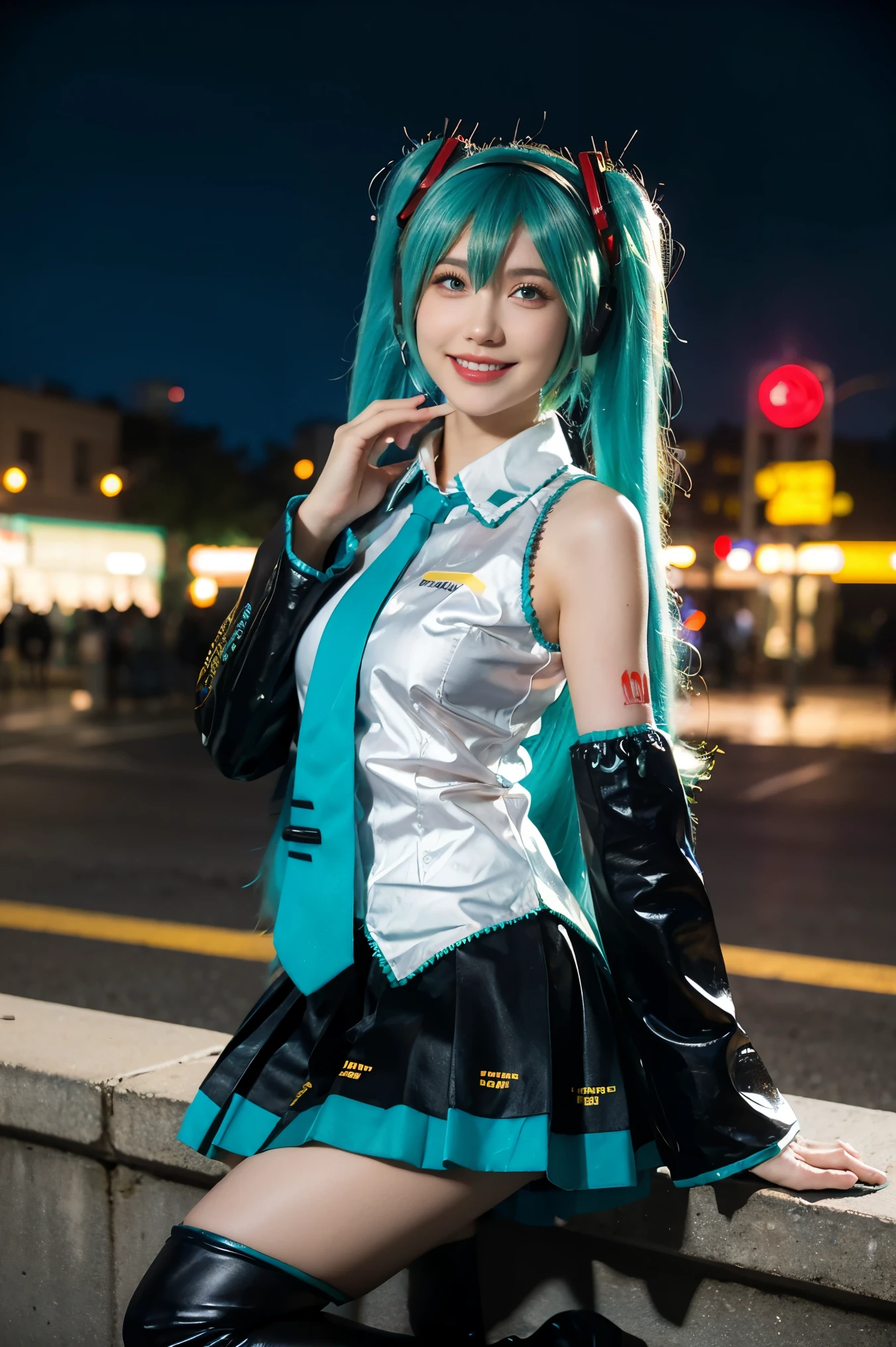 best quality, masterpiece, Practical, photoPractical, 1 Girl, Solitary, Looking at the audience, Smile, permanent, whole body, Hatsune Miku role play costume, Hatsune Miku, role play, Light green hair, Double tail, Very long hair, Hair accessories, earphone, earphone, shirt, skirt, pleated skirt, tie, aqua tie, Separate sleeves, Tattoo, Over the knee boots, City, street, people, night, Neon, Detailed background, 