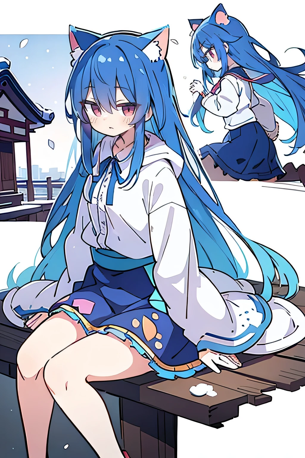 (masterpiece:1.2),Super detailed,lifelike,Expressive eyes,fair skin,perfect face shape,1 girl,
Japanese comics,Gorgeous blue hair,flowing blue hair,flowing clothes,Cat ears,Petals fall,beautiful lola,Baby Angel,sunrise,
Shaking head with one hand,Cross your legs,Gentle and peaceful background,The pavilion is cool and comfortable,smile, wearing hoodie, background of tokyo,back views,snowing, winter.