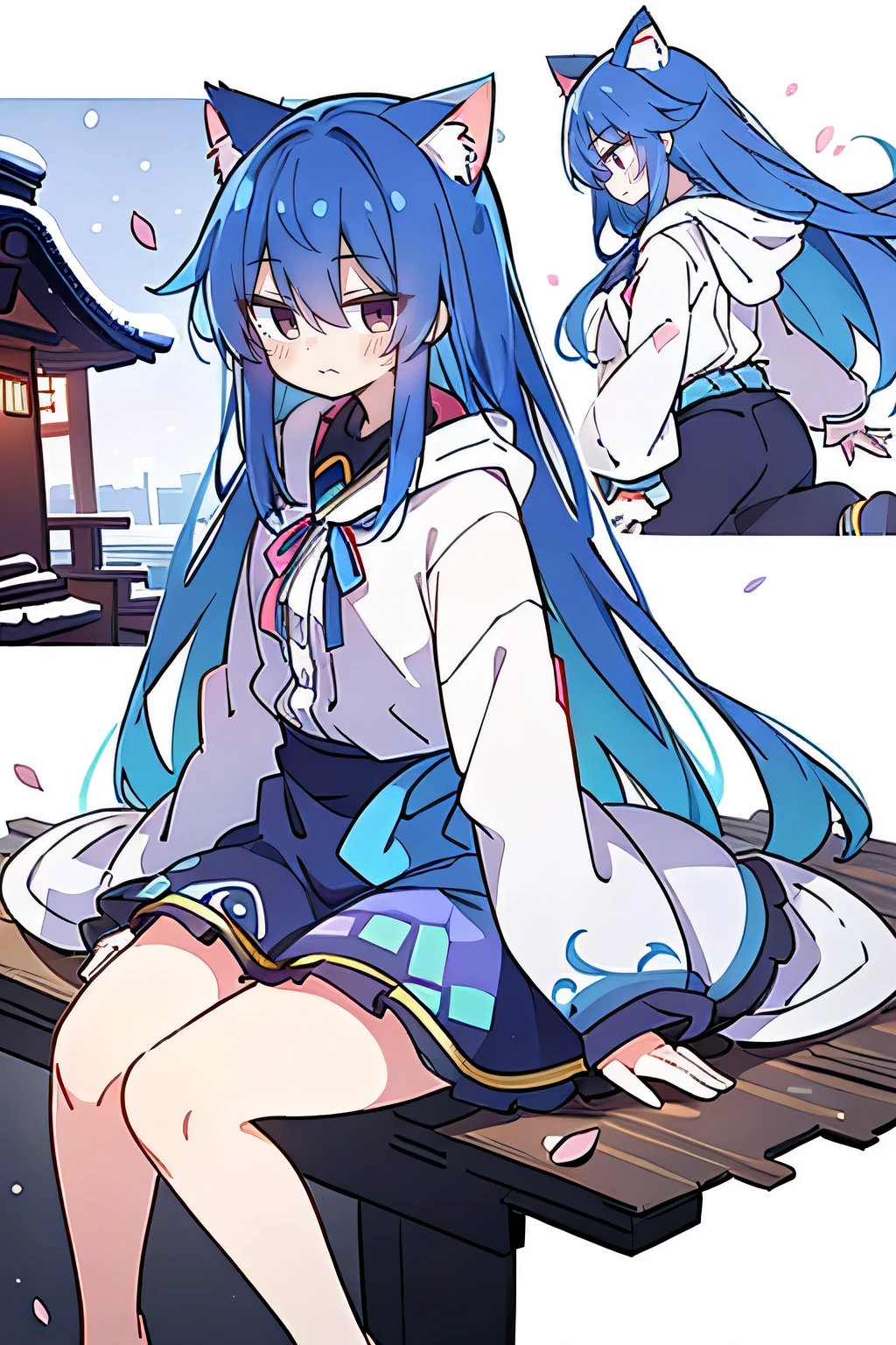 （masterpiece：1.2），Super detailed，lifelike，Expressive eyes，fair skin，perfect face shape，1 girl，
Japanese comics,Gorgeous blue hair,flowing blue hair,flowing clothes,Cat ears,Petals fall,beautiful lola,Baby Angel,sunrise,
Shaking head with one hand，Cross your legs，Gentle and peaceful background，The pavilion is cool and comfortable,smile, wearing hoodie, background of tokyo,back views,snowing, winter.