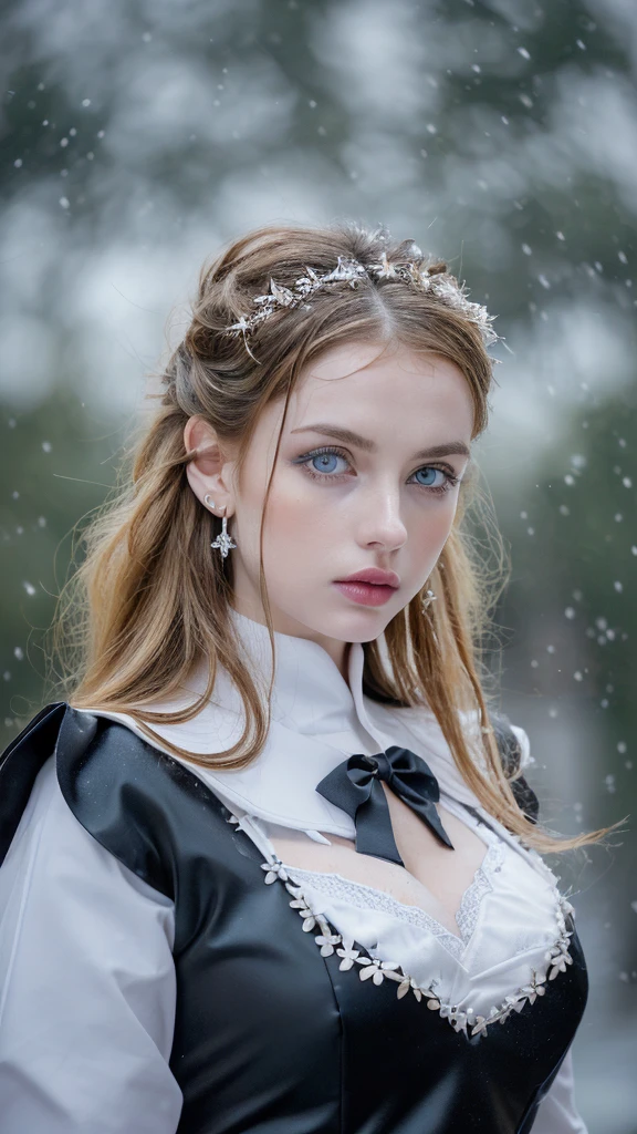 1 miniature Beautiful beautiful woman - Yuan Sayuki, ((top quality, 8K, Masterpiece:1.retty woman, 1 woman, huge breasts:1.3, a slim body:1.1, lush GINGER long hair with 2 buns, (shower, wet body, wet clothes:1.1), very detailed face, detailed lips, detailed eyes, double eyelids, Detailed blue eyes, чрезвычайно Detailed Outstanding Blue Eyes, long GINGER wet hair, GINGER wet hair, Detailed Outstanding Blue Eyes, innocent look at the viewer, very wet wavy white hair, Detailed Outstanding Blue Eyes, huge cross earrings, Outdoors, badges behind, gothic maid uniform,  sexy maid dress, bare chest, huge chest tattoo, detailed huge catholic cross earrings, chest tattoo, Outside, wear a silver cross (Detailed cross shape), reality mode, wet breasts, black necklace, human crowd behind, black latex gloves, hair of white snowy colour, night time, red neon lights, demonic nun, nimbus (golden lighting ring above her head), angel, snowy weather, sexy pose, white lingerie, black maid dress, detailed flower wreath made of different colours, open chest