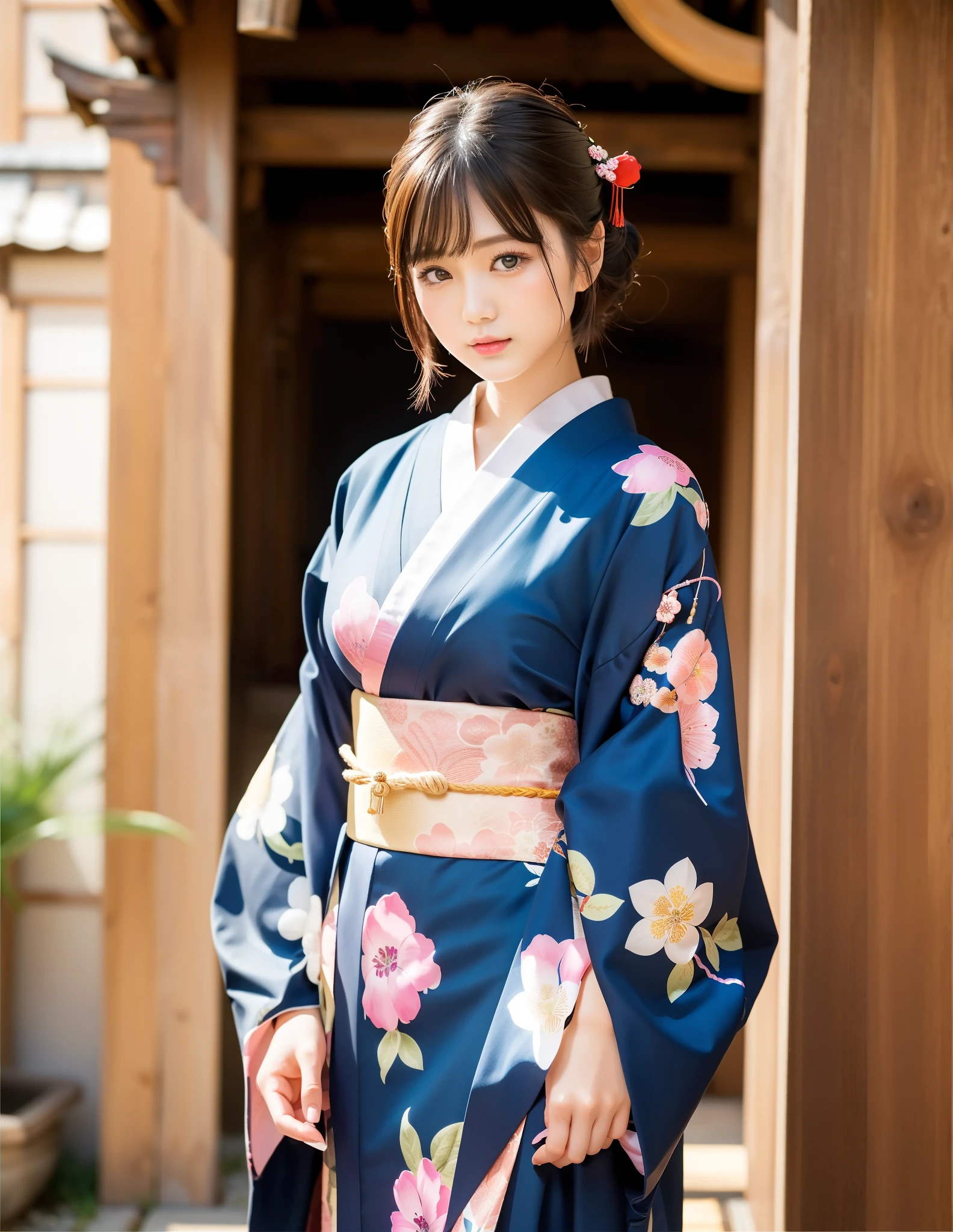 (highest quality:1.5)、(Real:1.5)、(1 person:1.5)、Medium Shot、(Very detailed)、(High resolution)、8k、Normal milk、Natural color lip、Japanese women、24 year old girl、Thin eyebrows、Beautiful and elegant face、Cute face、Arched thin eyebrows、(Large, balanced eyes)、Big Eyes、Fair skin、Beautiful and elegant face、Natural Bangs、Beautiful and thin nose、 Beautiful Skin、Medium Bob Hair、Natural Bangs、Perfect and beautiful facial features、Slim face and figure、（Bright lighting）、Professional Lighting、（Lighting from the front）、Outdoor、1 personの少女、Cute and sexy slim 24 year old woman、Fair skin、(A dreamy look)、(Kimono with furisode)、(Normal milk)、(Stand in front of the torii gate, facing forward）、Simple poses、(Beautiful Obi)、(shrine)、(Vermilion torii gate)、(Japanese style floral pattern:1.0)、(Traditional Japanese classic patterns:1.2)、Japanese style hairpin、Japan hairpins、