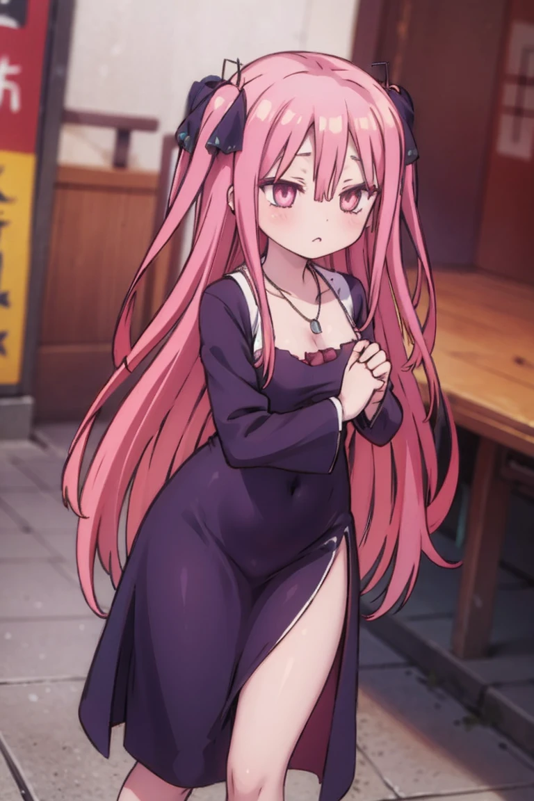 masterpiece, highest quality, One girl, Idokusumiu, long hair, hair reaches floor, extra long hair, hair on floor, purple eyes, pale skin, black and white Chinese dress, showing side of thighs, (Hollow Eyes:1.4), (Embarrassing, blush:1.1), pink hair, thick, Pussy juice, Mouth closed, hair ornaments, jewelry, necklace, Earrings, food stalls, (street:1.2), plump, medium cleavage, thick thighs, mature,