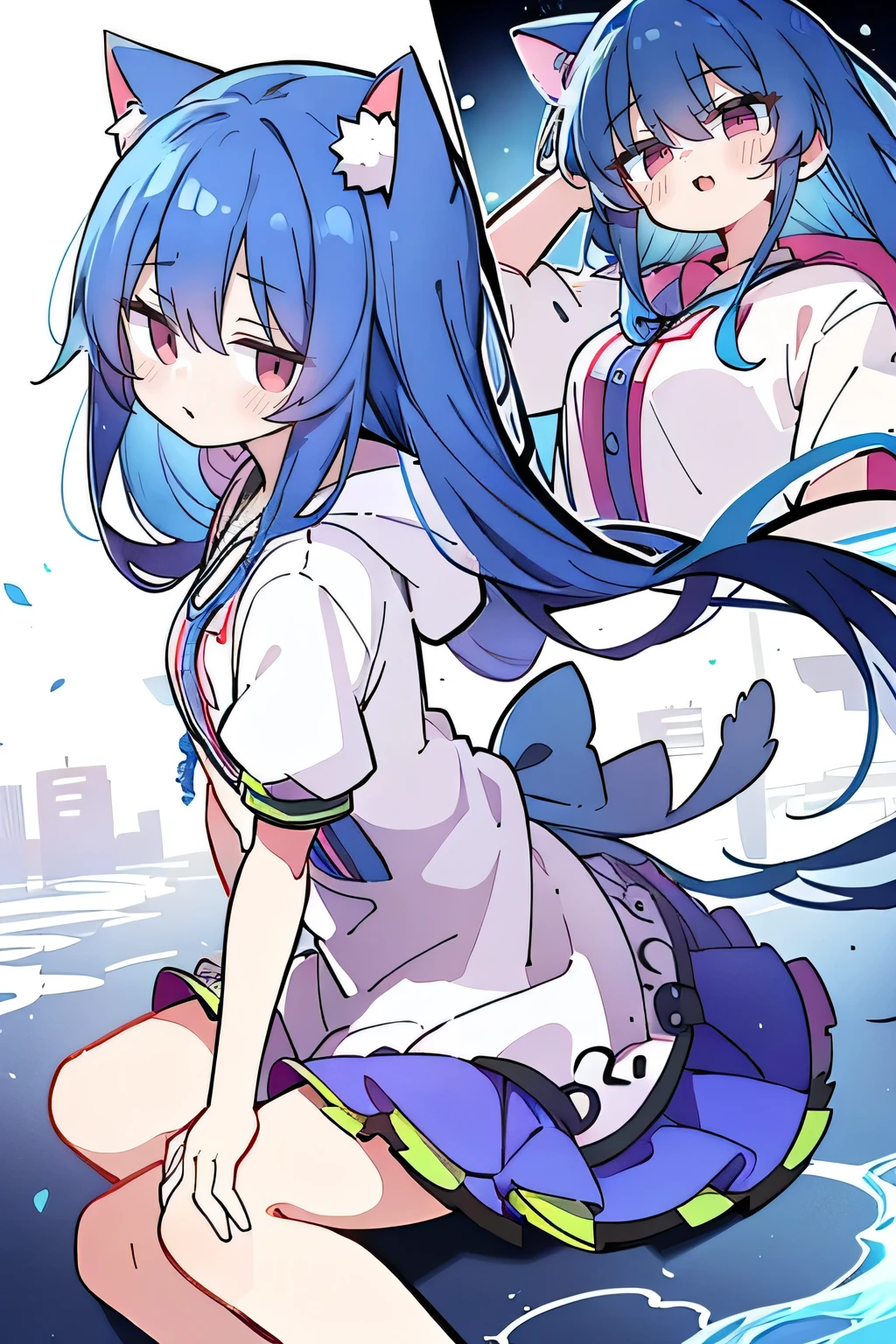(masterpiece:1.2),Super detailed,lifelike,Expressive eyes,fair skin,perfect face shape,1 girl,
Japanese comics,Gorgeous blue hair,flowing blue hair,flowing clothes,Cat ears,Petals fall,beautiful lola,Baby Angel,sunrise,
Shaking head with one hand,Cross your legs,Gentle and peaceful background,The pavilion is cool and comfortable,smile, wearing hoodie, background of tokyo,back views,snowing, winter.